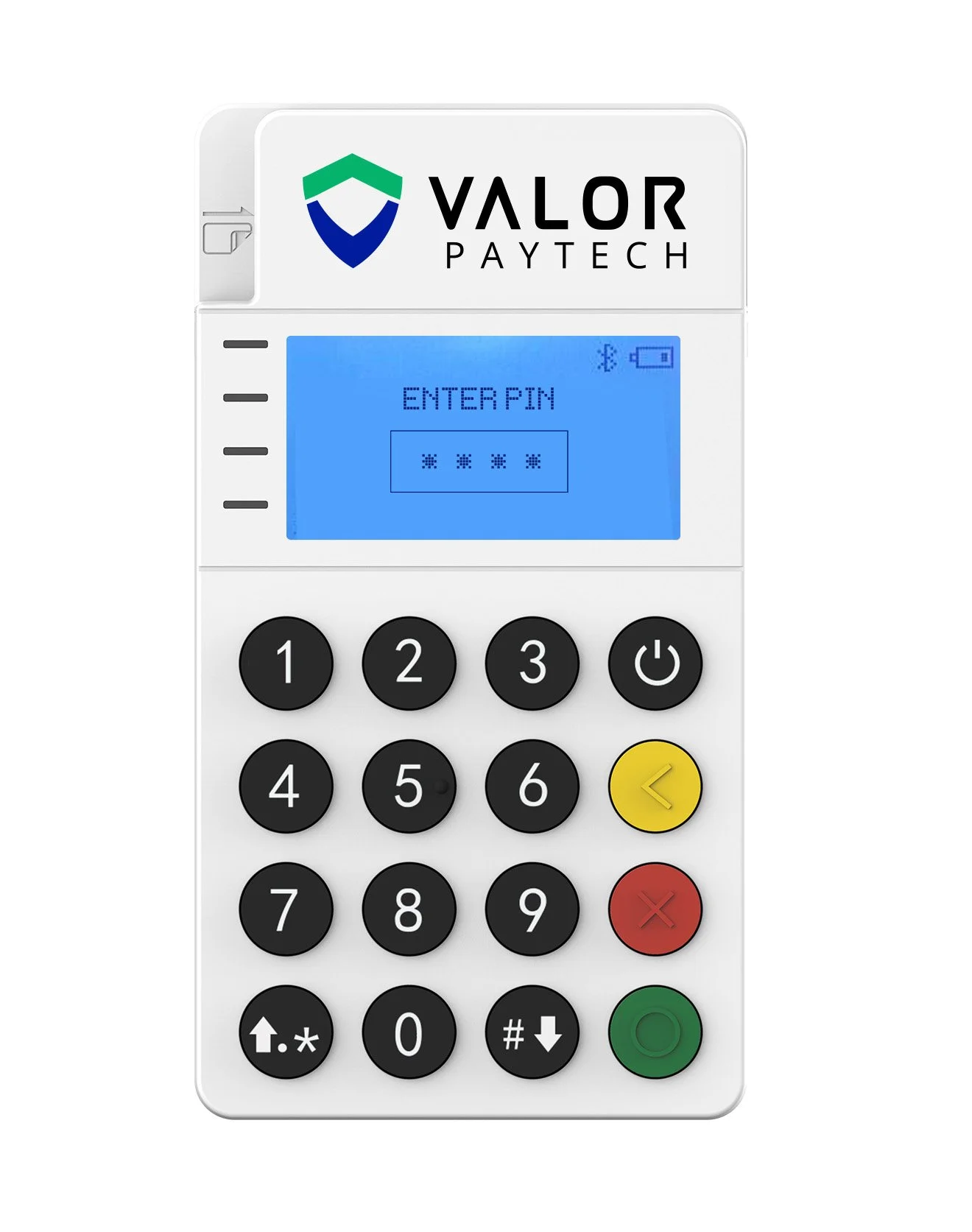 Portable payment terminal with a blue screen displaying 'ENTER PIN' and a numeric keypad.