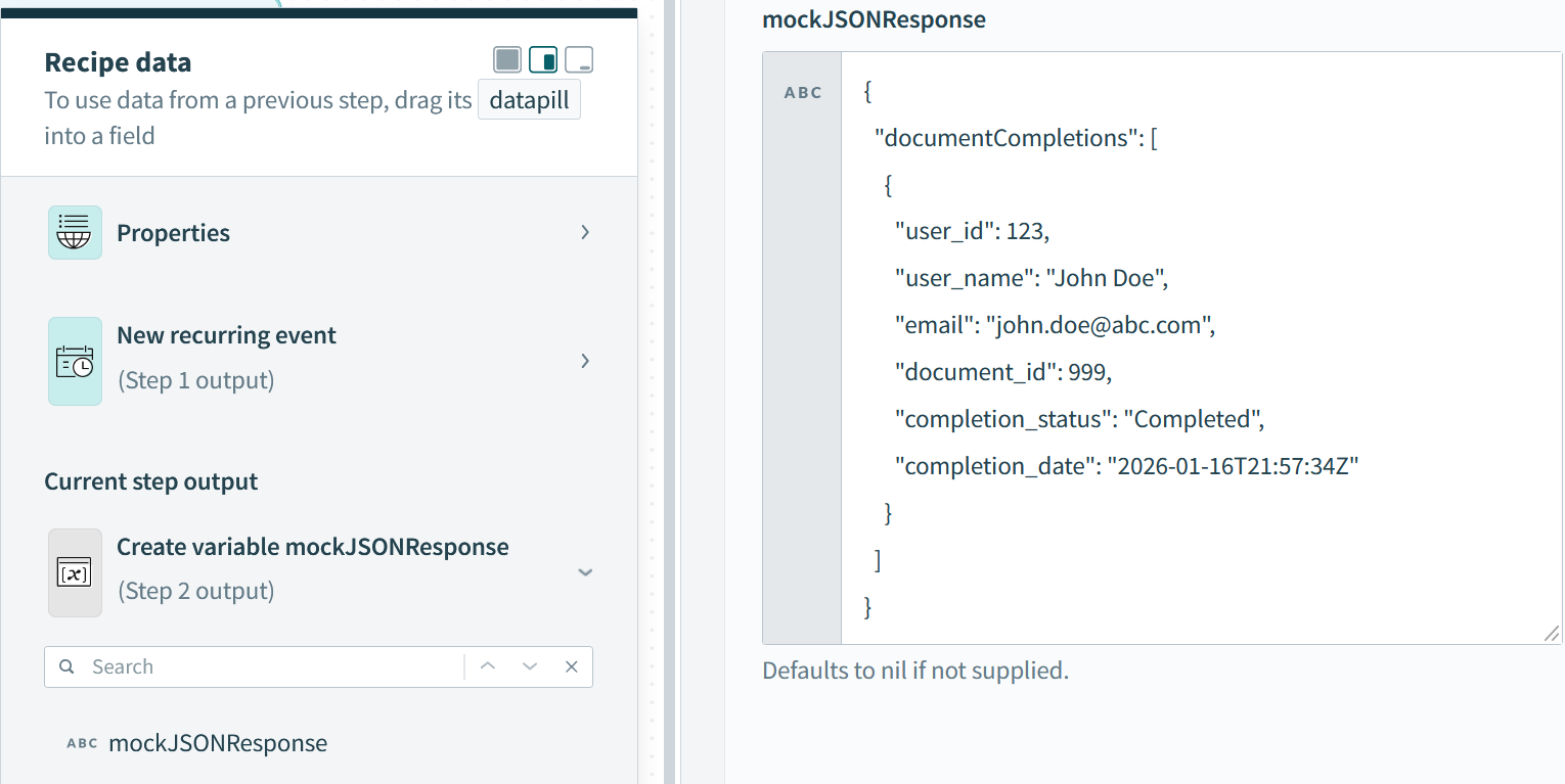 Workato variable created as a mock JSON response to showcase parsing JSON functionality of JSON Tools by Workato; this allows for data pills to be created from fields returned in API calls for further use in Workato recipes.