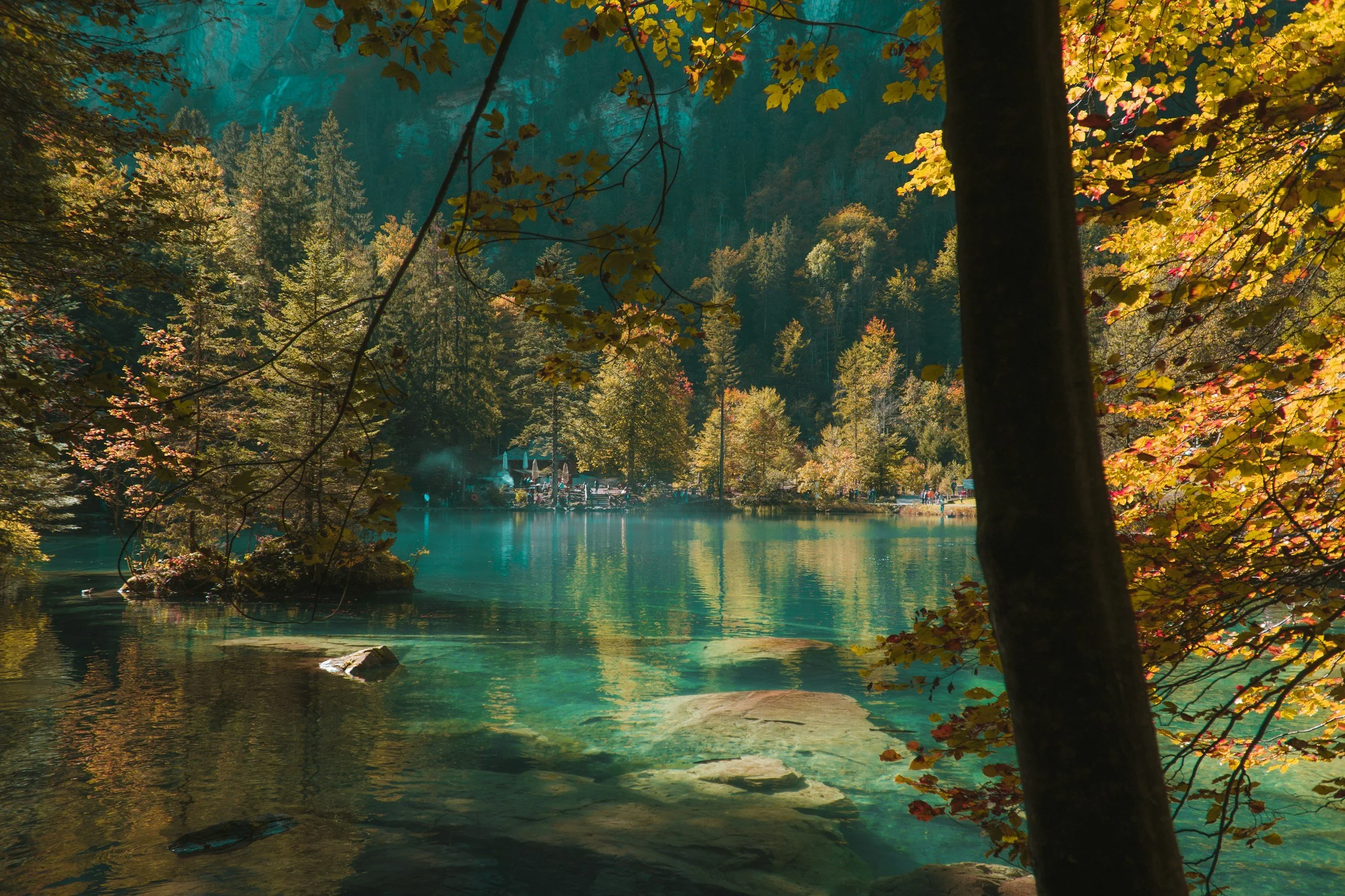 A scenic view of a lake surrounded by trees with fall foliage, with mountains in the background and sunlight filtering through the leaves.