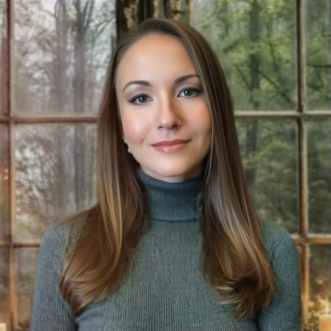 A woman with long brown hair, wearing a teal turtleneck sweater, standing in front of a window with a view of green trees.