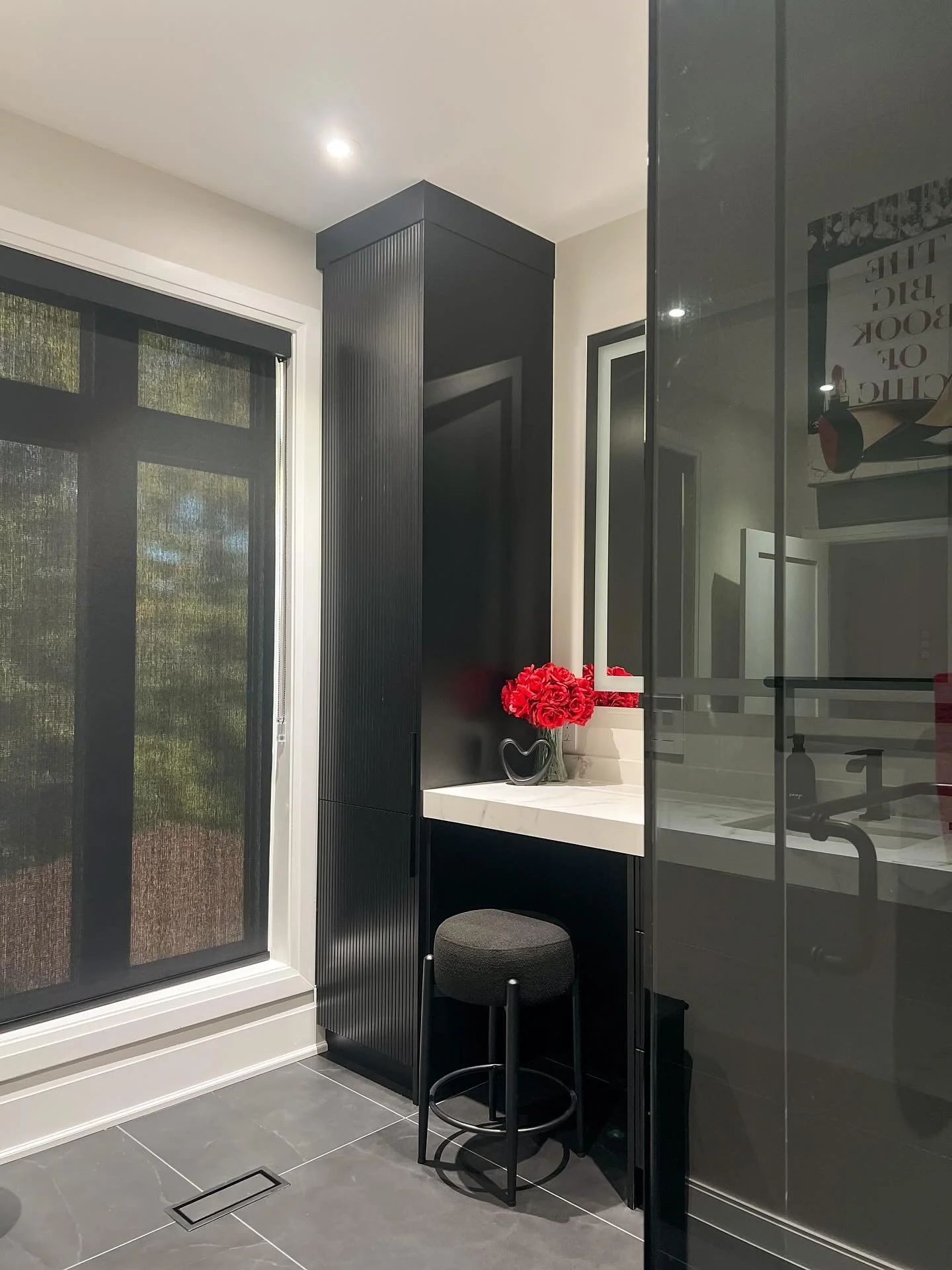 Swipe for the before. Again this tired looking 5 year old renovation needed a facelift to bring her up to date and improve her functionality. 
#projecttower
#primaryensuite 
#interiordesign 
#designyyz 
#smokedglass