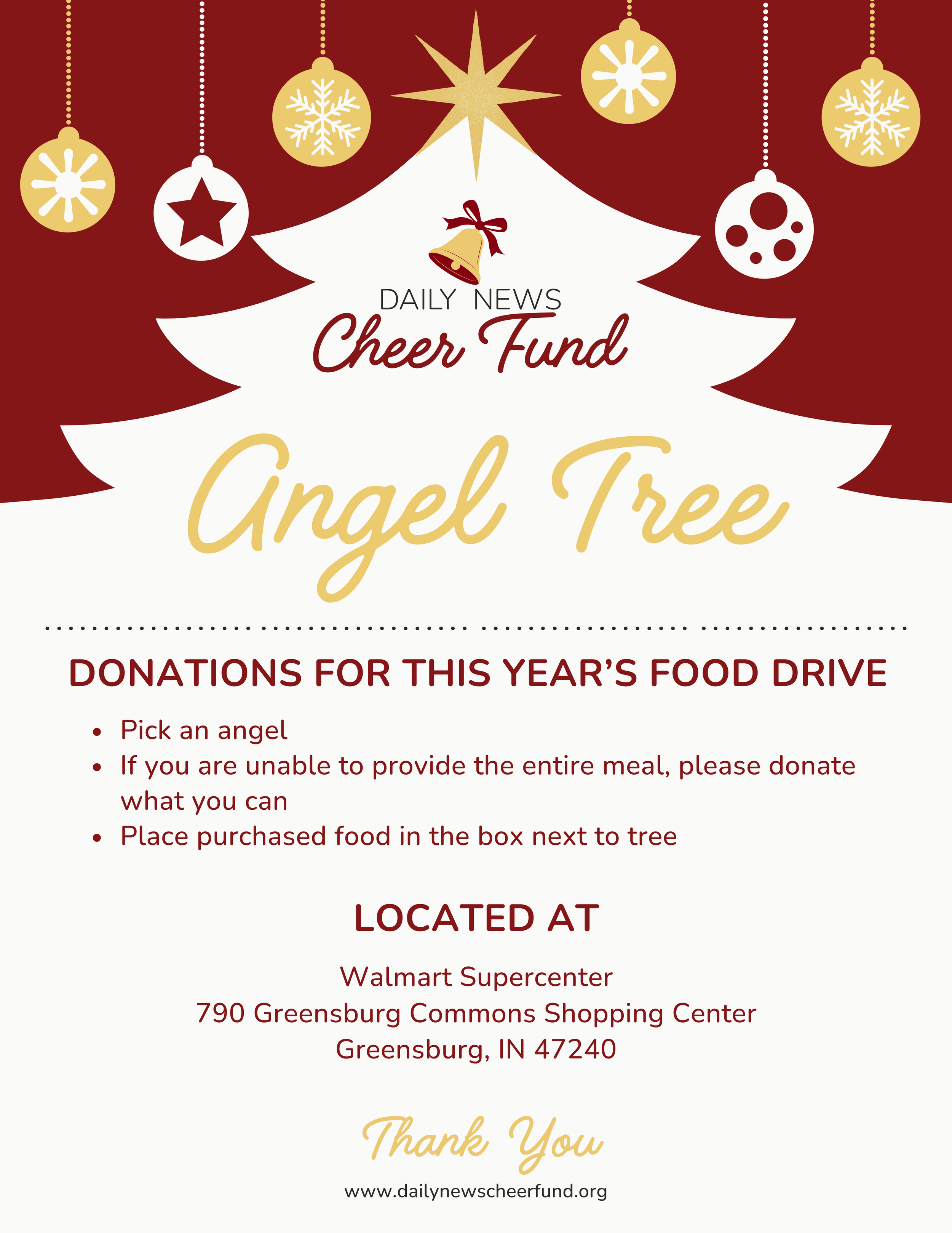 A holiday flyer for the Daily News Cheer Fund Angel Tree food drive featuring a Christmas tree with hanging ornaments and a star on top. The flyer provides instructions for donations, including picking an angel, donating what you can, and placing food in a box next to the tree, located at Walmart Supercenter in Greensburg, Indiana.