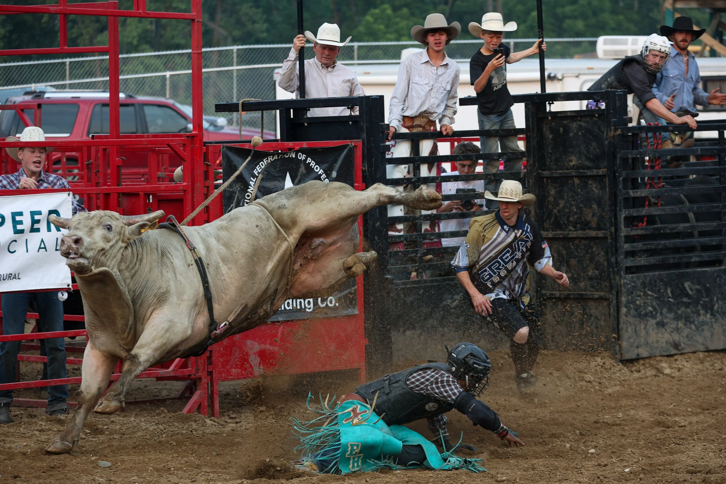 Elijah Huntjes of Woodlake, Minn. competes during the Great Frontier Bull Riding at the Wabasha County Fair on Friday, August 1, 2025 in Wabasha. (Post Bulletin)