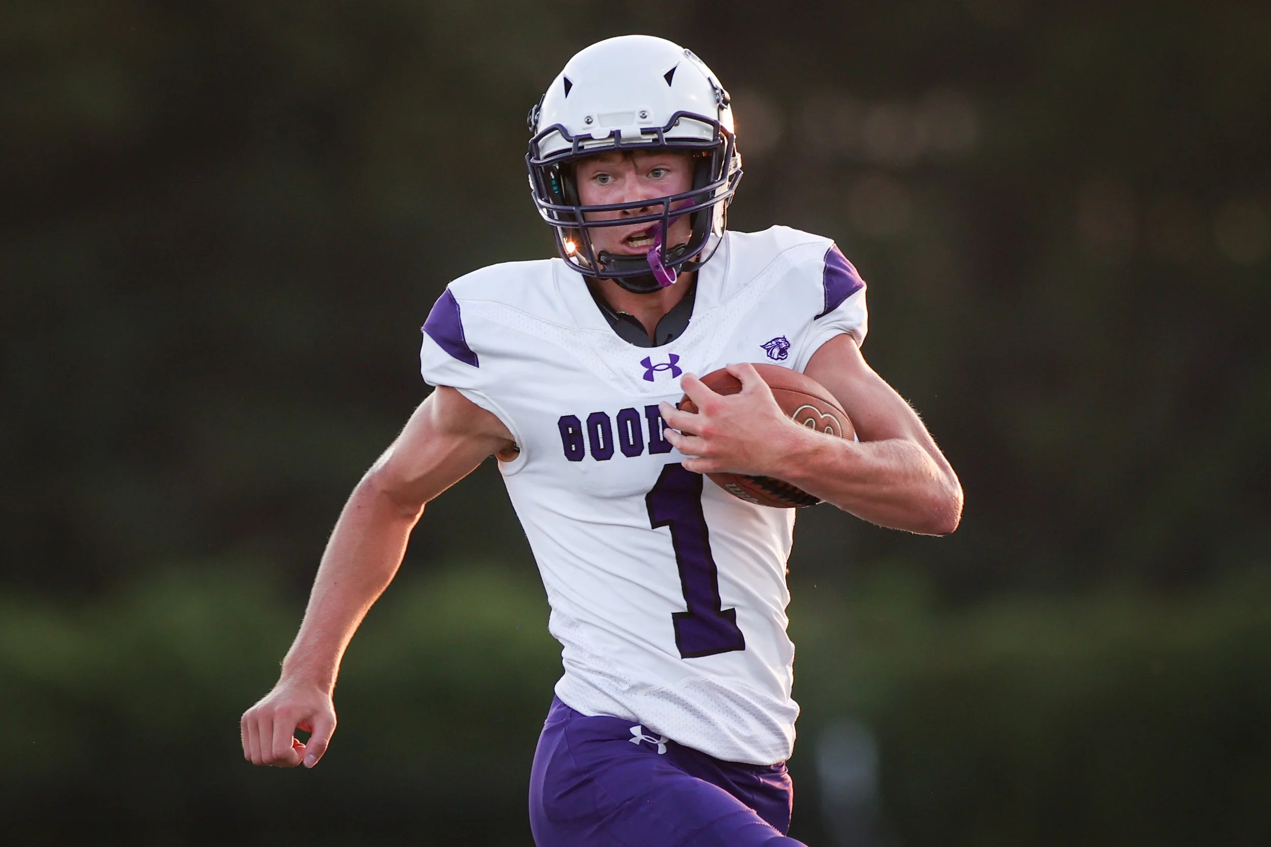 Goodhue's quarterback Luke Roschen (1) runs with the ball during a Southeast Central District football game between Triton and Goodhue High School on Thursday, Aug. 28, 2025 in Dodge Center. (Post Bulletin)