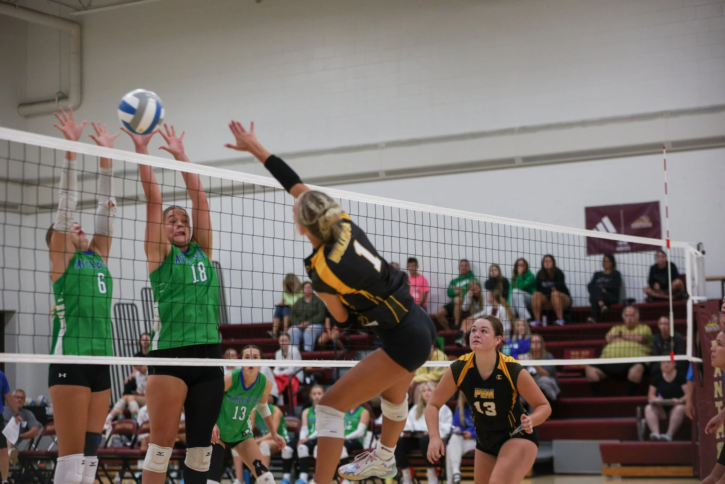 Plainview-Elgin-Millville's Hadlie Eidenschink spikes the ball during a match against Lyle-Pacelli during the girl's varisty invitational volleyball tournament on Saturday, Aug. 23, 2025 in Pine Island. (Post Bulletin)