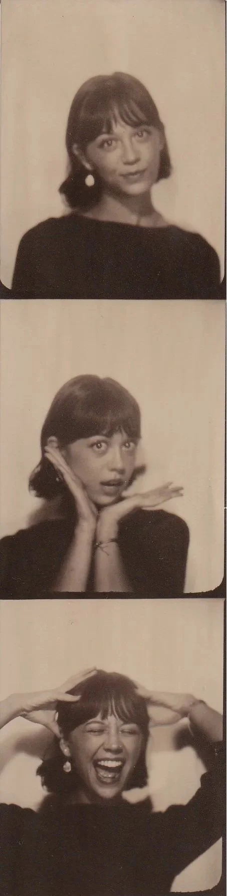 Sophia in an analog photo booth posing in three different poses