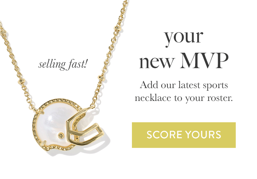 Gold football-shaped necklace with white pendant. Advertisement text promoting sports necklaces for Kendra Scott with a "Score Yours" button.