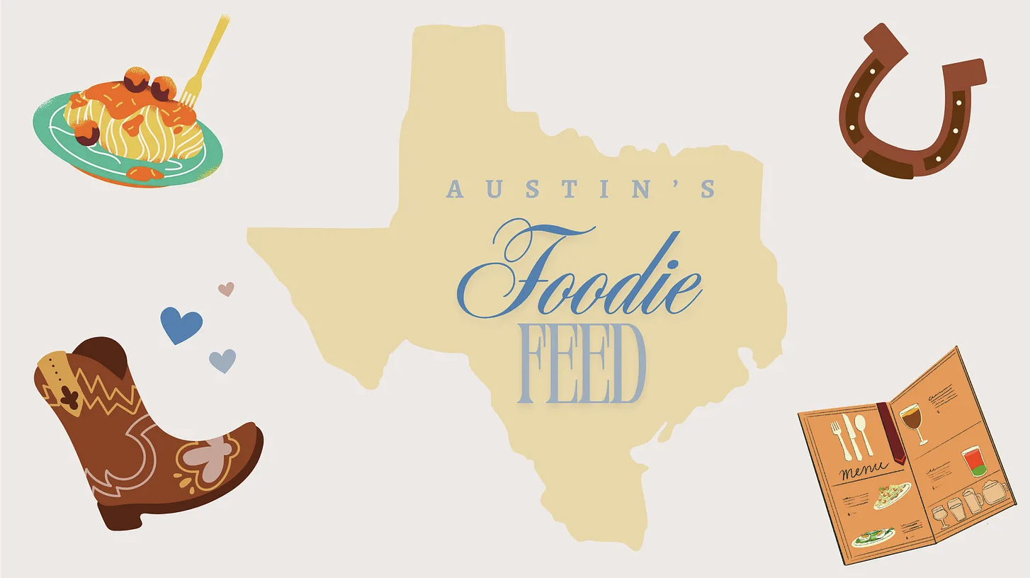 Illustration of Austin, Texas map with food-related graphics, including spaghetti with meatballs, cowboy boot, horseshoe, menu, and hearts