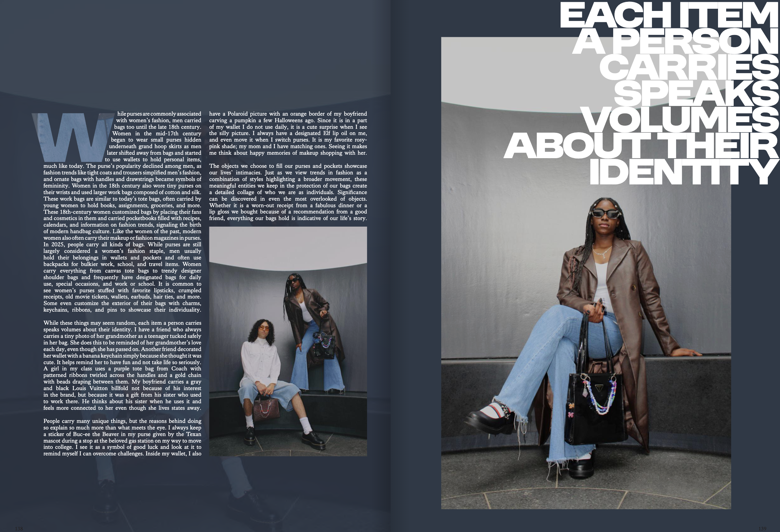 Three people sitting and standing against a gray wall, wearing fashionable clothing and accessories, with large text overlaying the right side of the image.