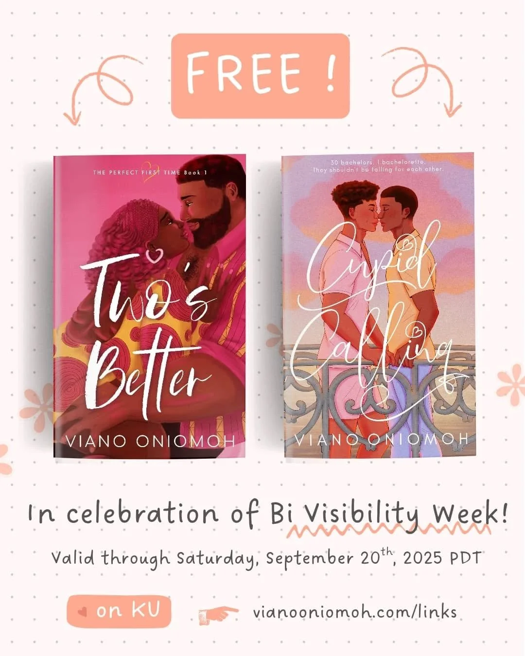It's Bi Visibility Week! 🥰 To celebrate, grab two of my Bi4Bi books&mdash;my latest, TWO'S BETTER, along with CUPID CALLING&mdash;for FREE right now!

I have also been informed that CUPID CALLING is an Indie Ink Award winner!! 😭😭😭 Thank you so so