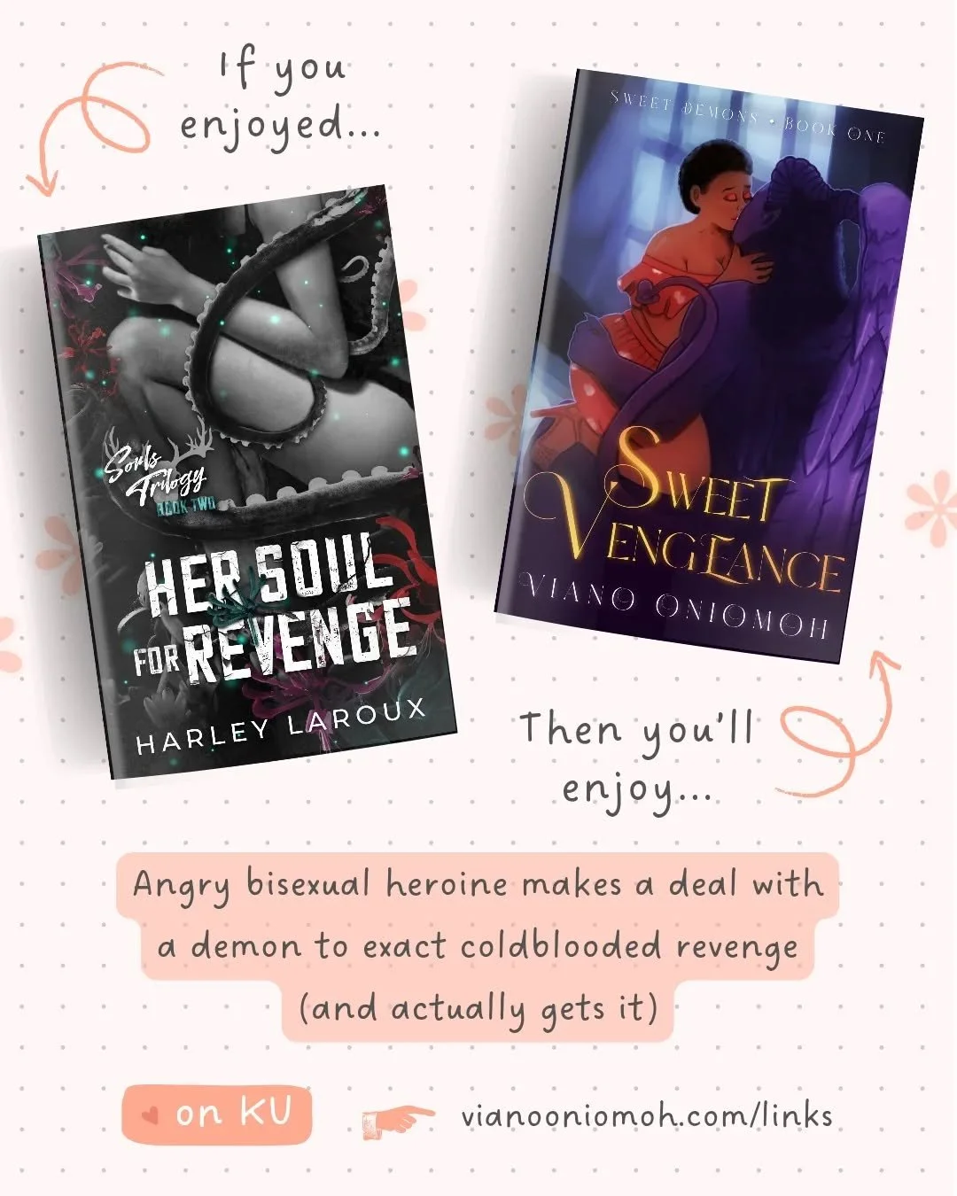 If you enjoyed Her Soul for Revenge by Harley Laroux, you'll definitely enjoy Sweet Vengeance AND Sweet Retribution.

Featuring angry heroines who make deals with demons to get coldblooded revenge, and actually get it 🥰

On Kindle Unlimited! 🫶🏾

L