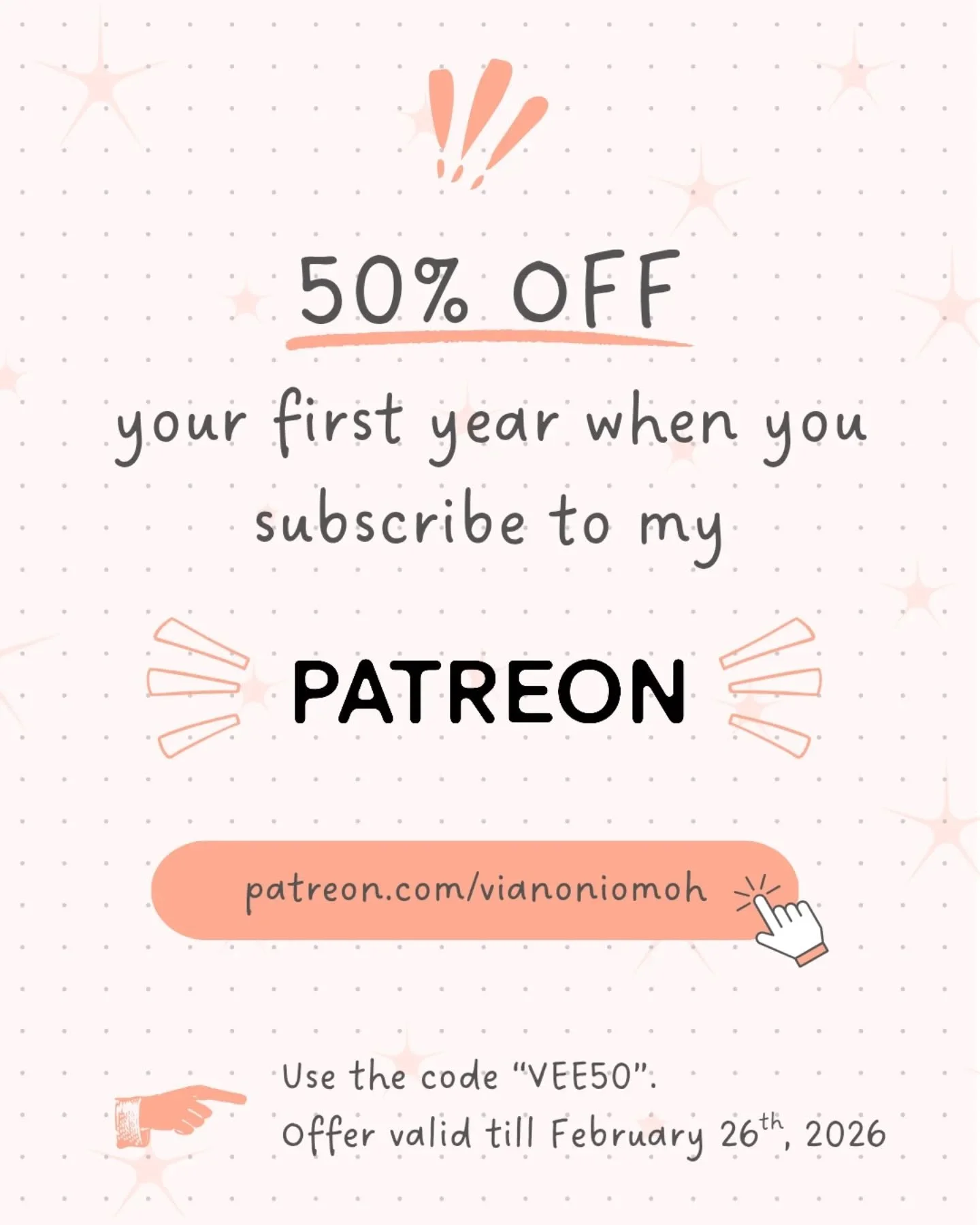 Do you know I have a p atr eon? 👀 And right now, I'm offering a 50% discount off your first annual subscription 🥳

Use the code VEE50 and get 50% off your first year. That's only 18usd for the entire year on the cheapest tier, which features exclus