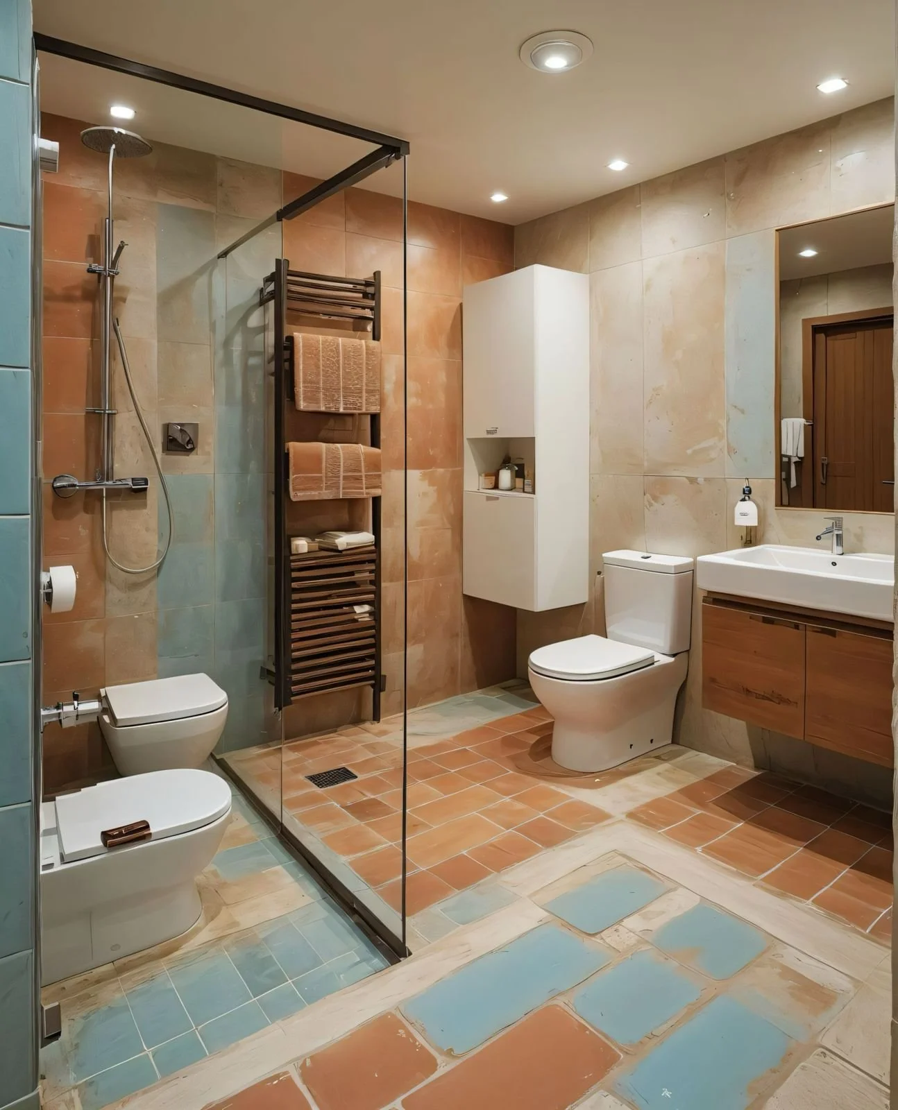 Baño moderno con ducha de vidrio, inodoro, lavabo con mueble de madera y espejo, y toallas en un radiador de pared.