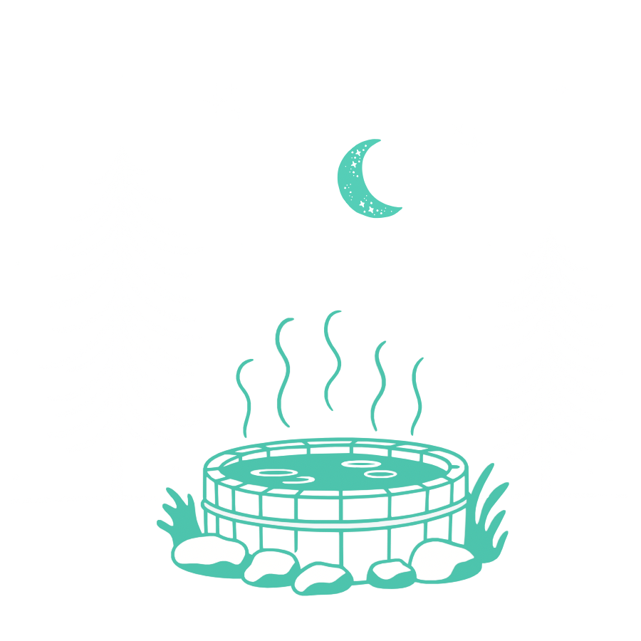 Illustration of an outdoor hot spring or hot tub at night, surrounded by rocks and grass, with tall pine trees in the background, a crescent moon, and stars in the sky.