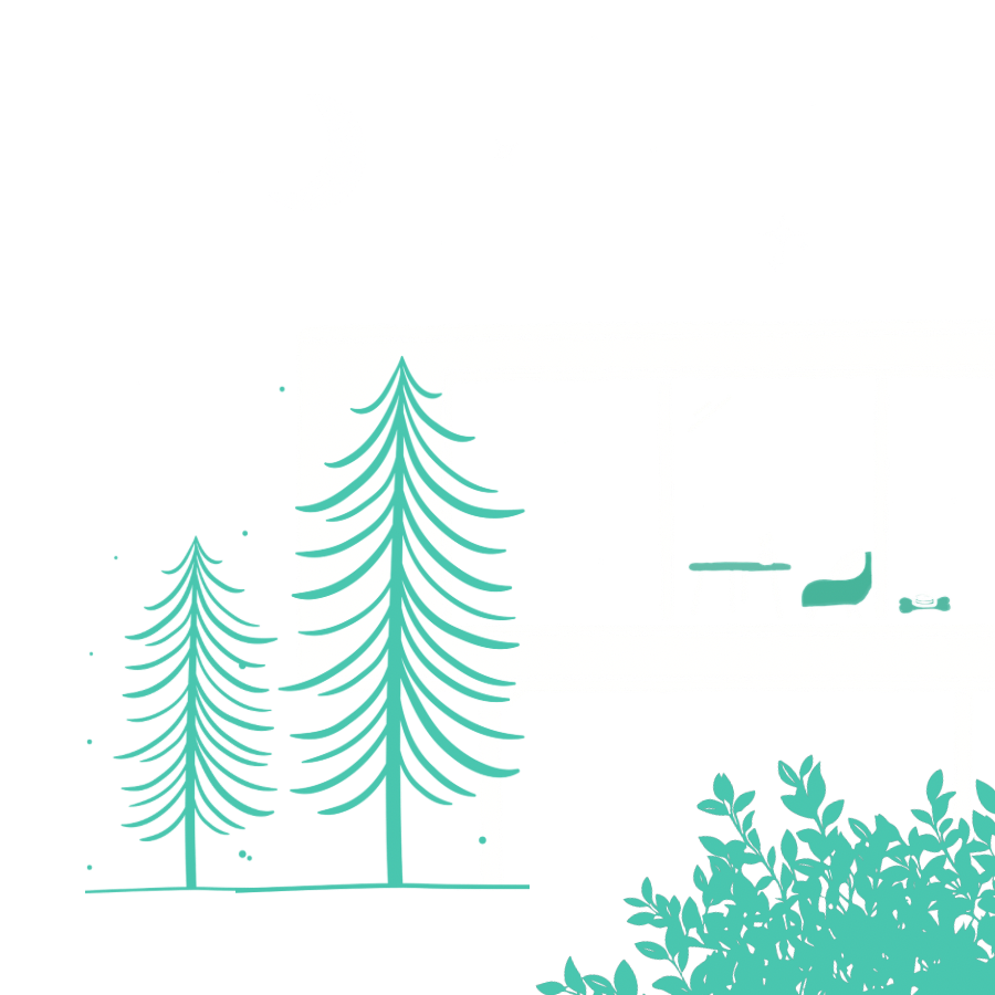 A modern house with large windows, surrounded by tall pine trees and greenery, with a balcony showing some furniture and a cozy interior.