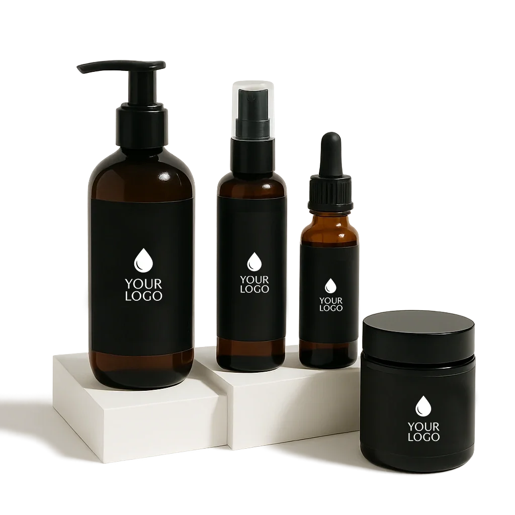 Set of four amber bottles with black labels featuring a white droplet icon and placeholder text "Your Logo", displayed on white platforms. The bottles include a pump dispenser, spray bottle, dropper bottle, and a jar.