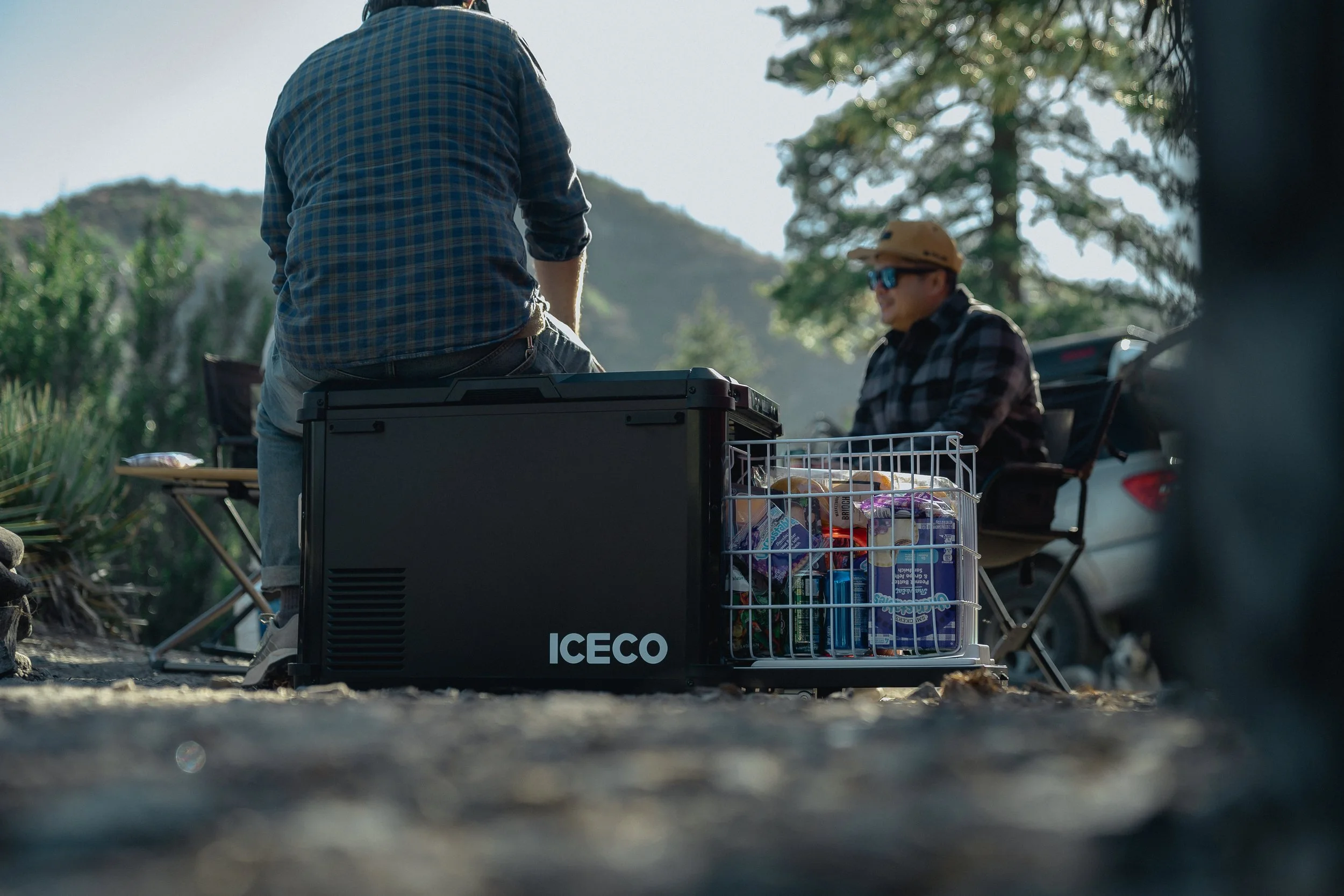 People outdoors setting with cooler and shopping cart filled with groceries, mountains and trees in the background, sunlight, casual clothing.