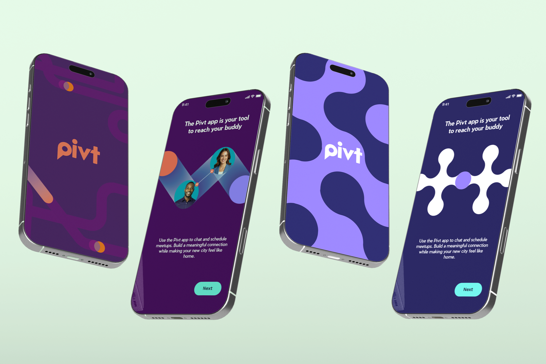 Four mobile screens showcasing Pivt's app interface, featuring purple branding, custom illustrations and social connection features.