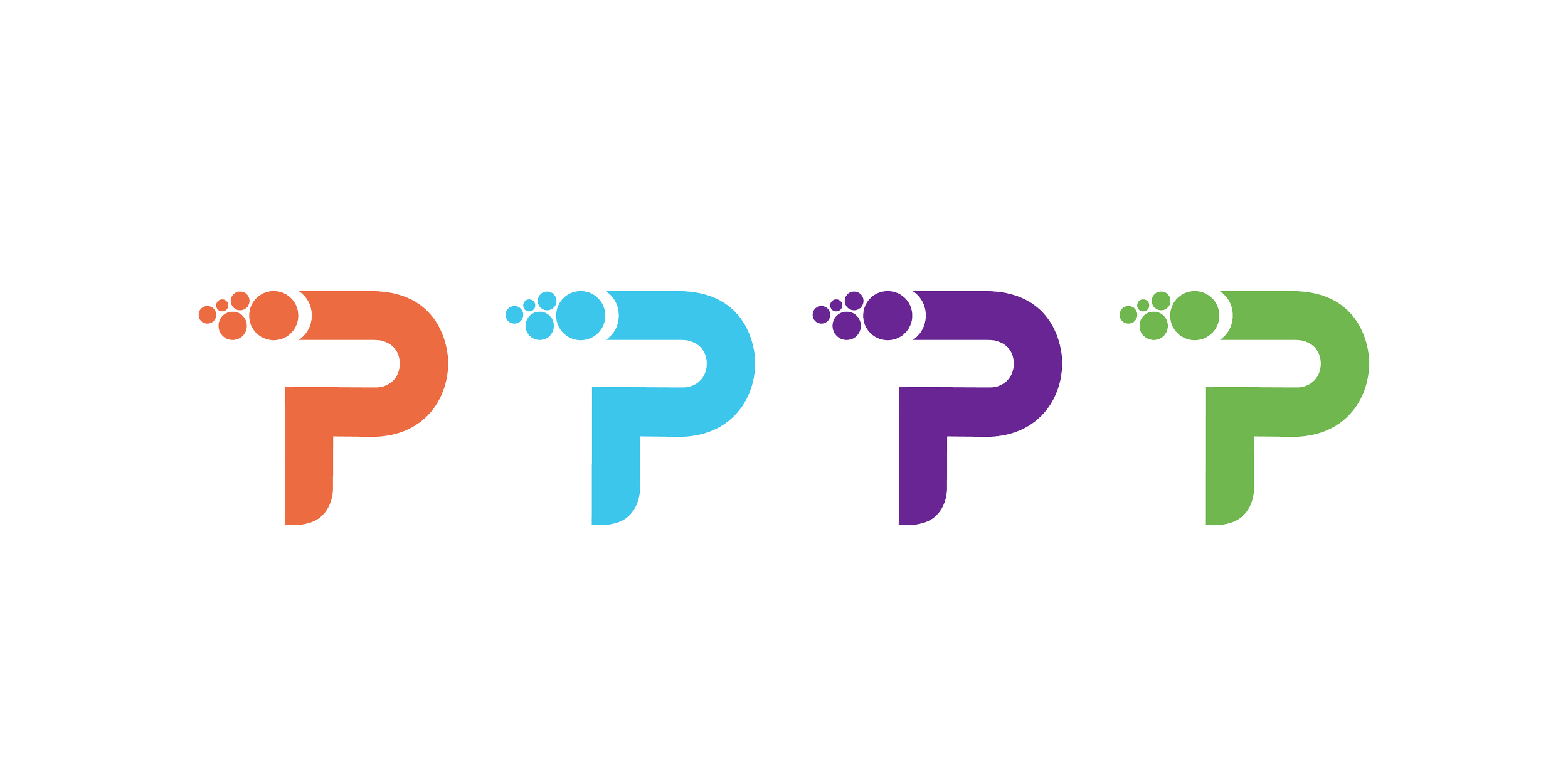 Four colour variations of the Proprint brand symbol in orange, blue, purple and green, featuring a custom P with circular graphic elements.