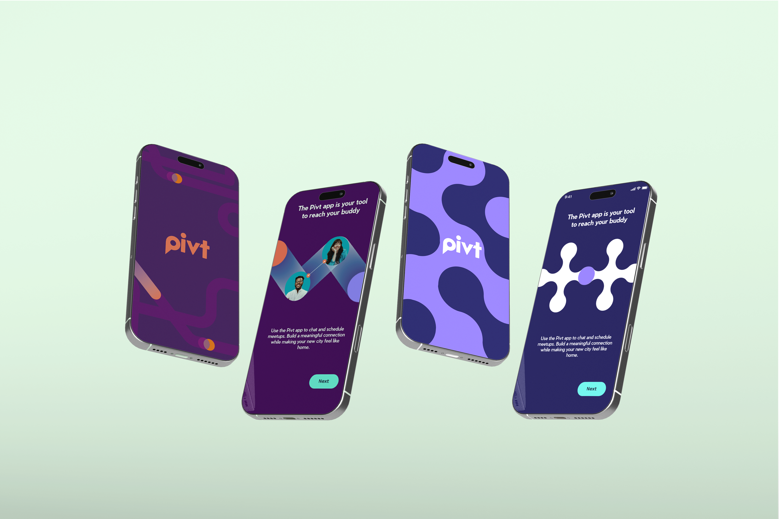 Conceptual Pivt app screens demonstrating how the visual identity and graphic system could extend into the digital product experience.