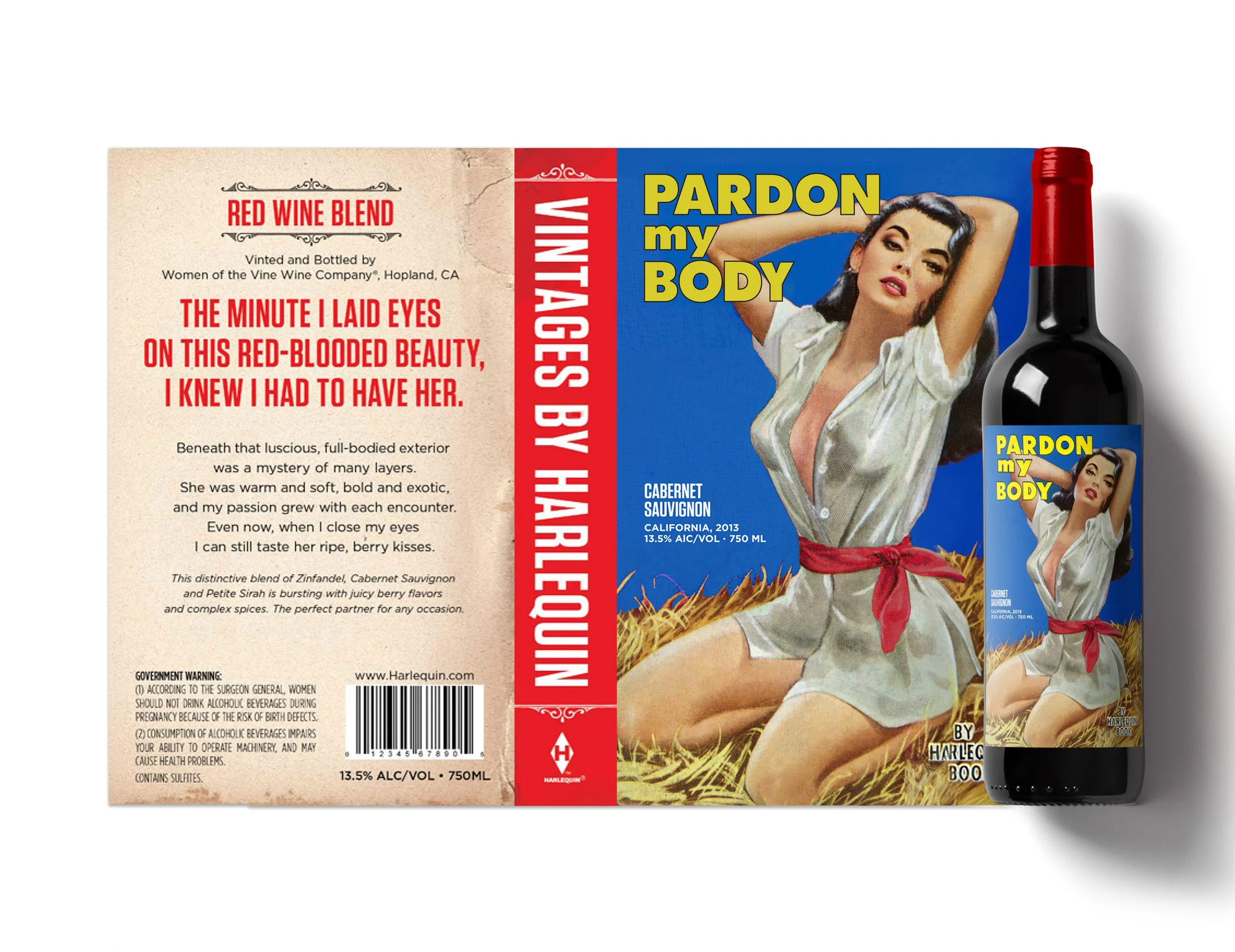 A wine label titled 'Pardon My Body,' featuring a retro pin-up style woman with dark hair, wearing a white shirt and red sash, posed against a blue background with yellow text. The label indicates it is a red wine blend, specifically Cabernet Sauvignon, produced in California in 2013 with 13.5% alcohol content.