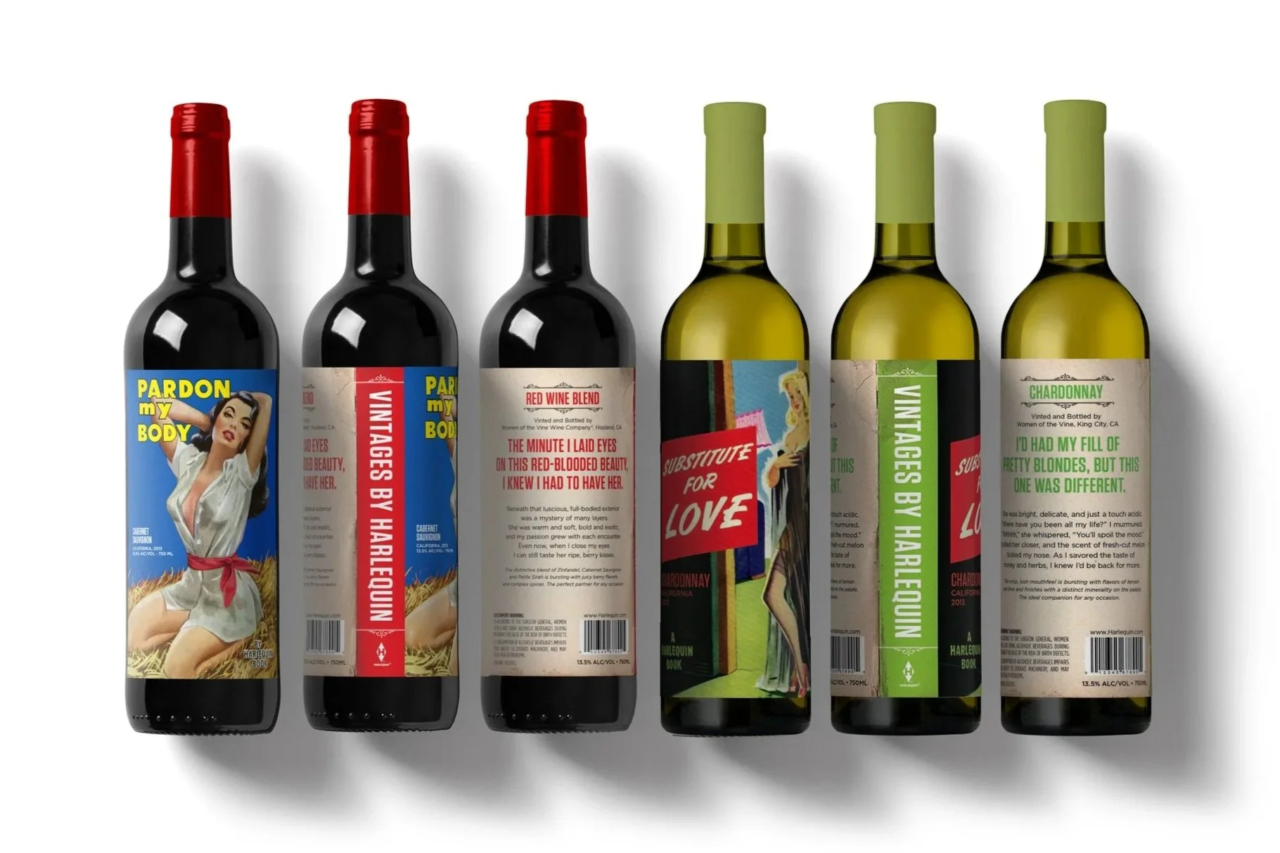 Six wine bottles from Vintages by Harlequin, featuring packaging designs that reproduce original Harlequin romance novel covers and titles. Copy