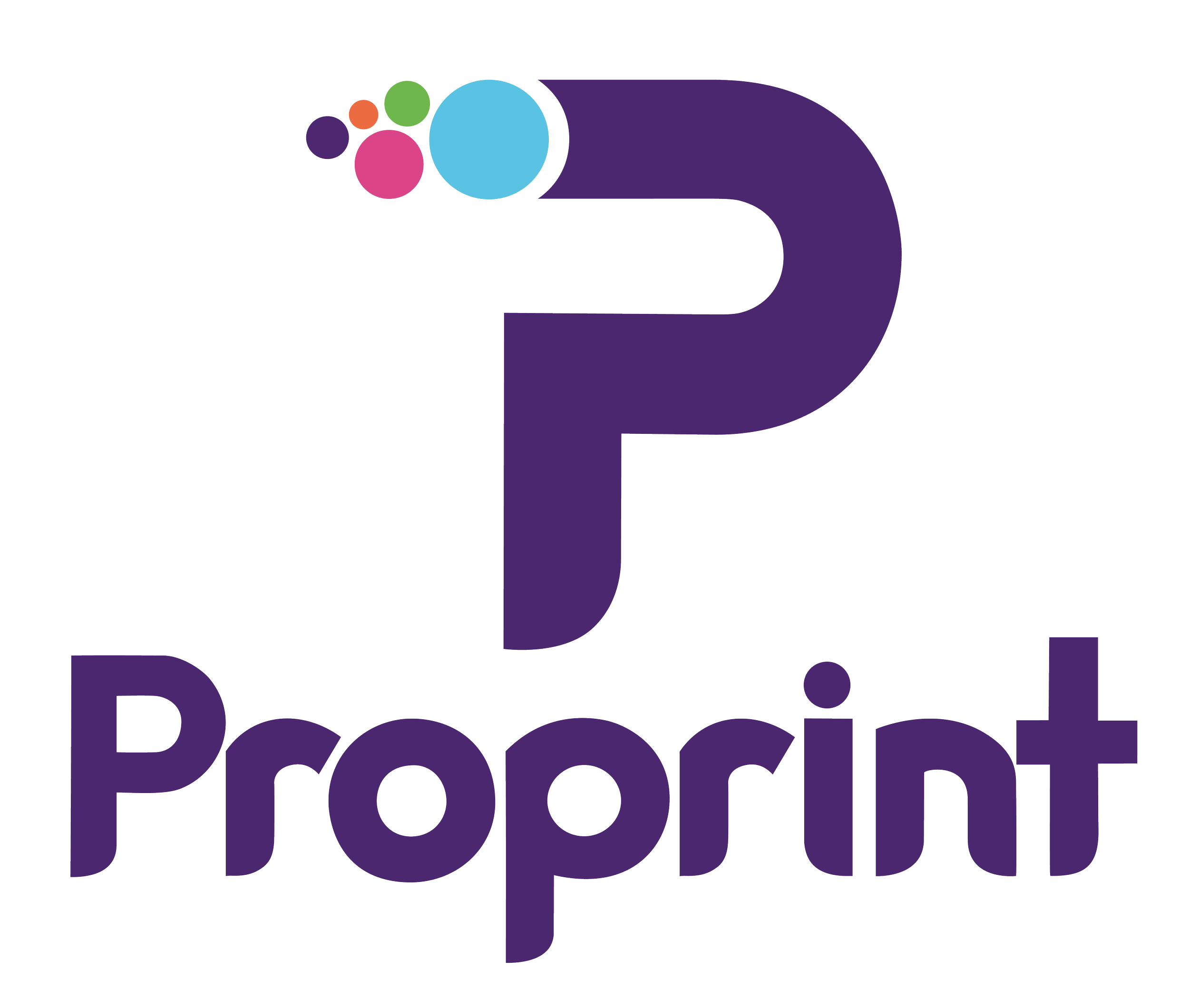 Proprint visual identity featuring a custom purple P symbol with colourful circular elements referencing the printing process, paired with a bold wordmark.