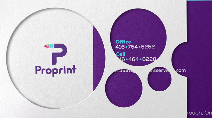 Proprint business card design featuring a purple and white visual identity, custom logo and bold circular graphic elements.
