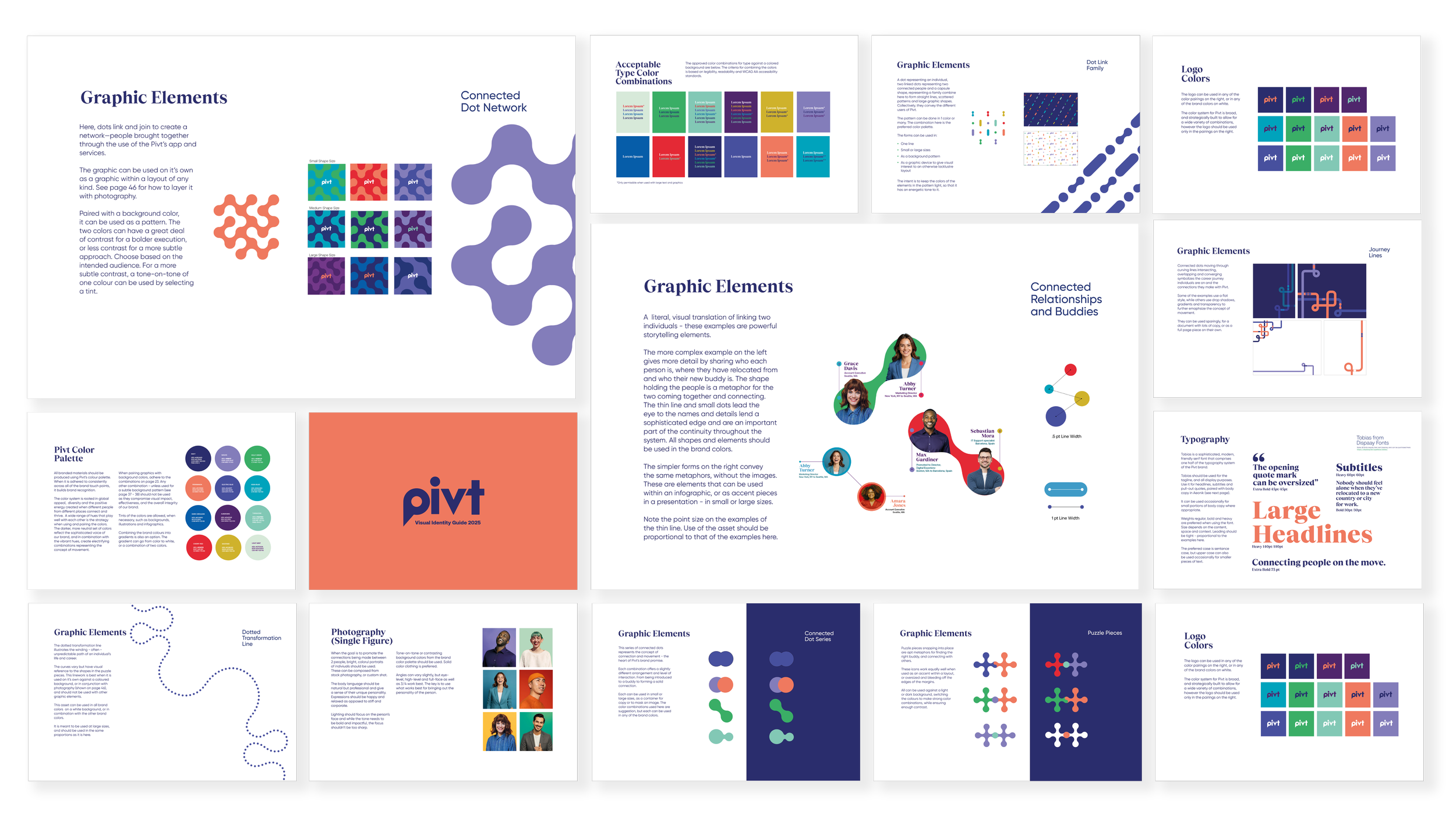 A collage of multiple pages from a graphic design or branding guide, showcasing various graphic elements such as dot networks, color palettes, typography, logo colors, connected relationships, journey lines, and infographic examples for a visual identity guide titled 'pivt'.
