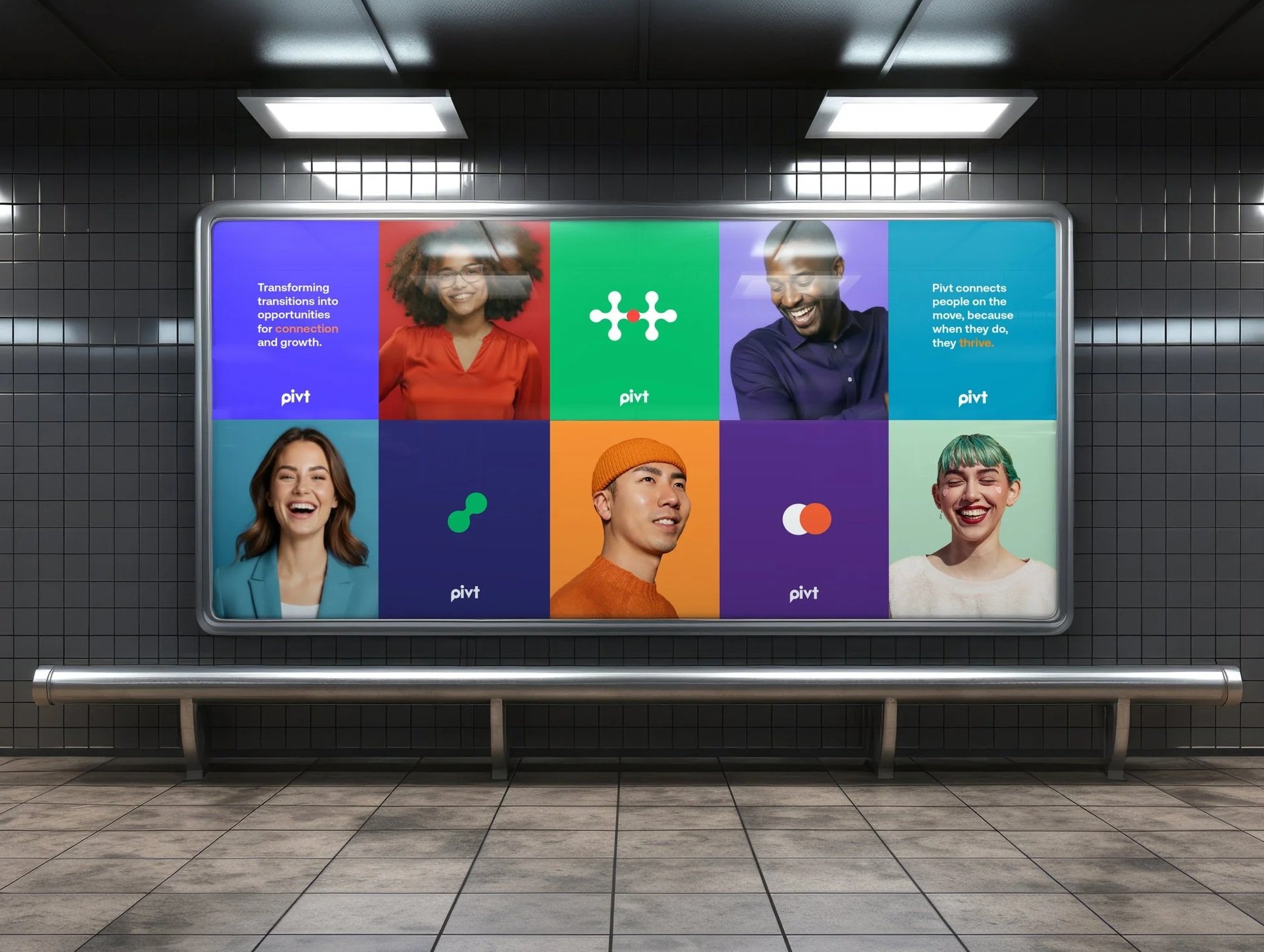 Advertising billboard in a subway station featuring diverse smiling people and text about transformation, connection, and growth.