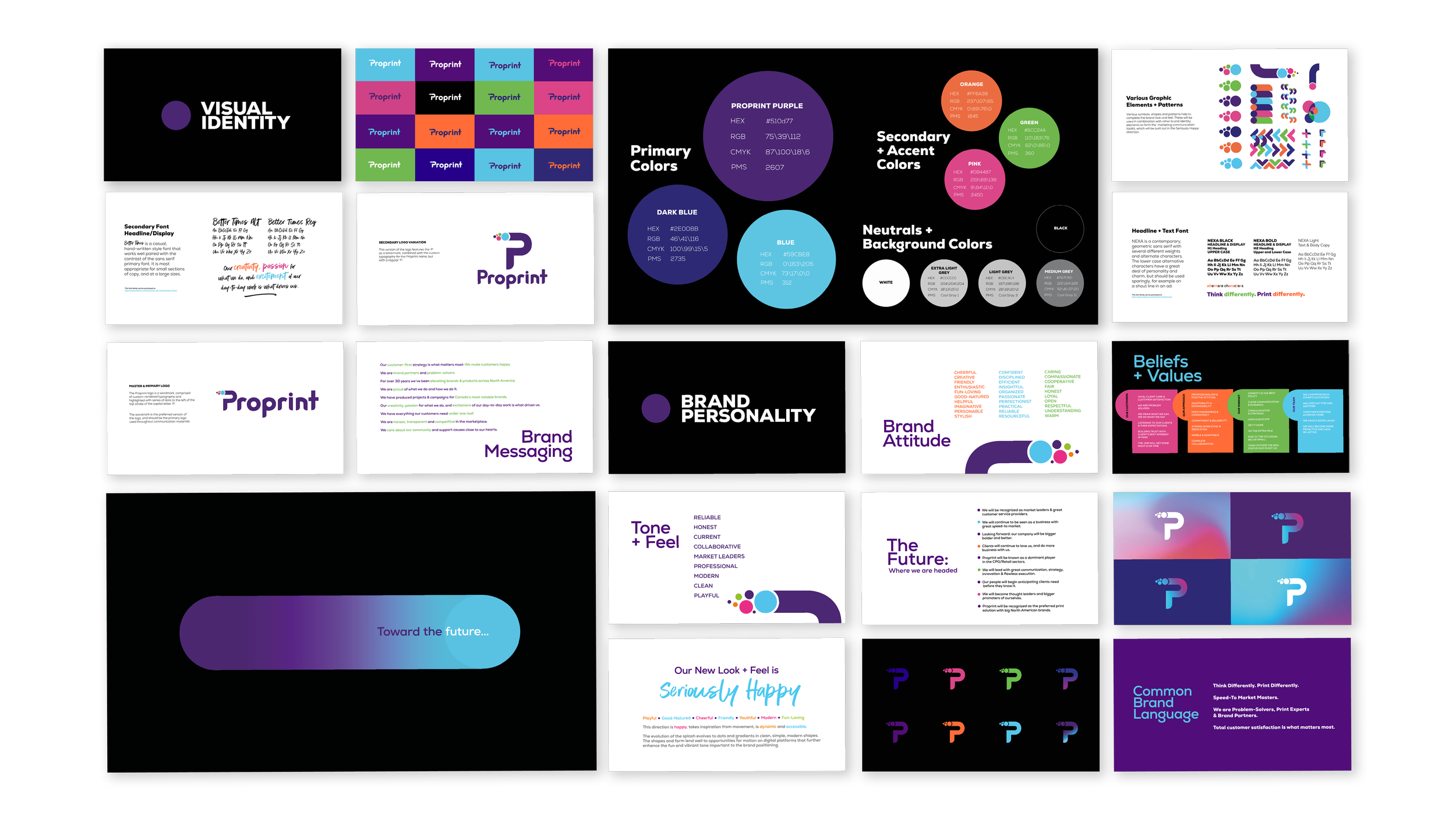 Proprint brand guidelines showcasing visual identity, logo variations, colour palettes, typography, graphic elements, brand personality and messaging.