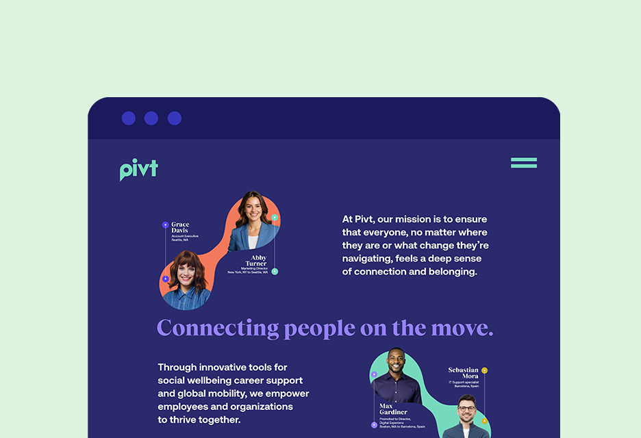 Pivt website design featuring a purple brand identity, custom illustrations, team photography and messaging focused on human connection.