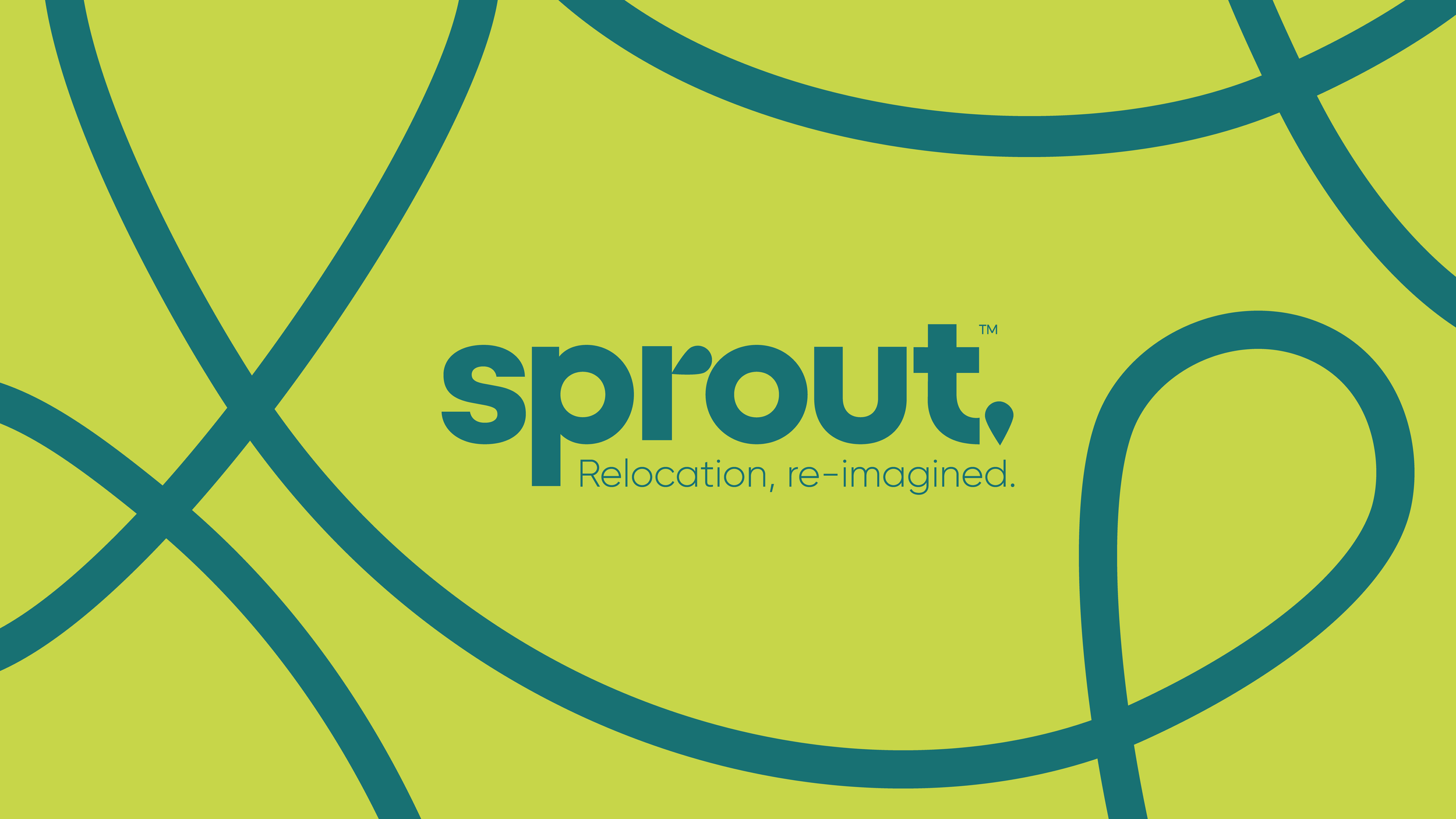 Logo for Sprout with the tagline "Relocation, re-imagined" on a green background with abstract blue lines.