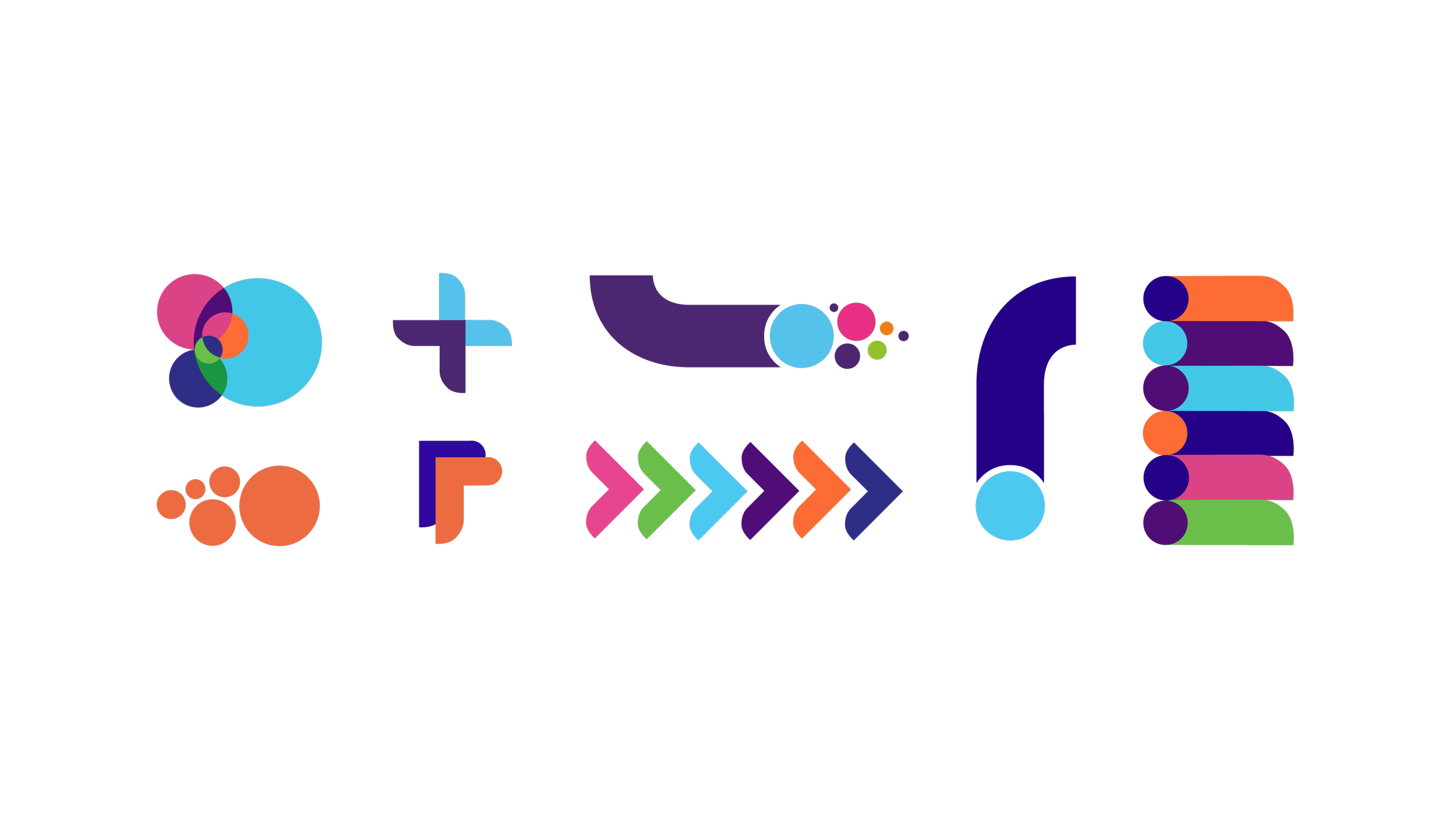 Proprint brand identity system featuring colourful circular motifs, geometric shapes and directional graphics derived from the custom logo design.