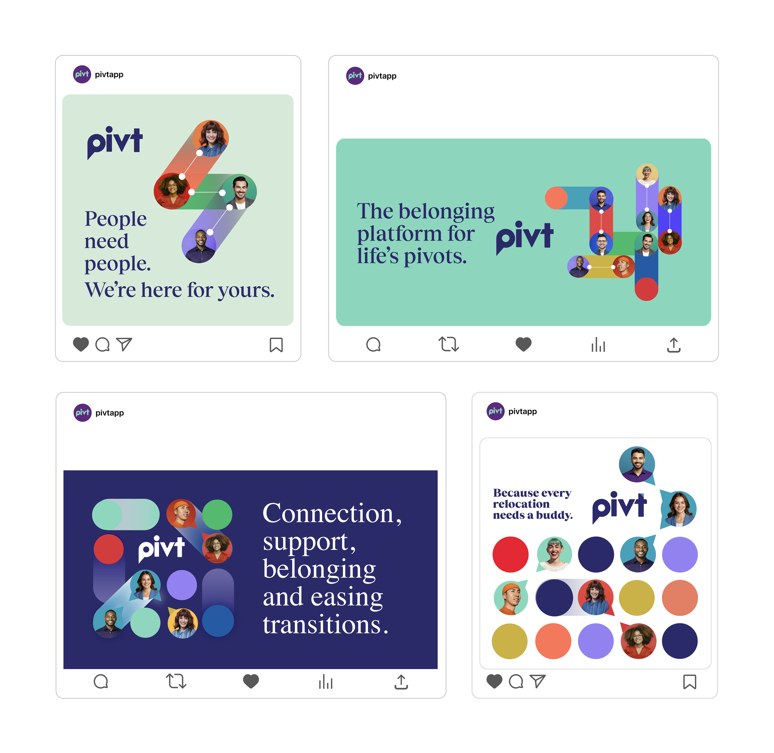 Pivt social media designs demonstrating the flexible brand identity, graphic system and messaging across multiple formats.