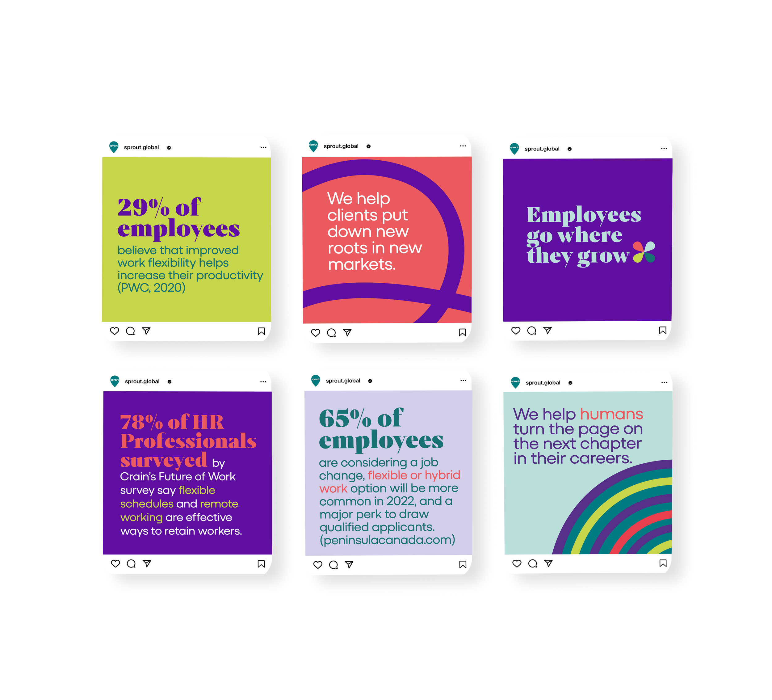 Sprout social media launch campaign introducing the new brand through messaging, typography, colour and graphic elements.