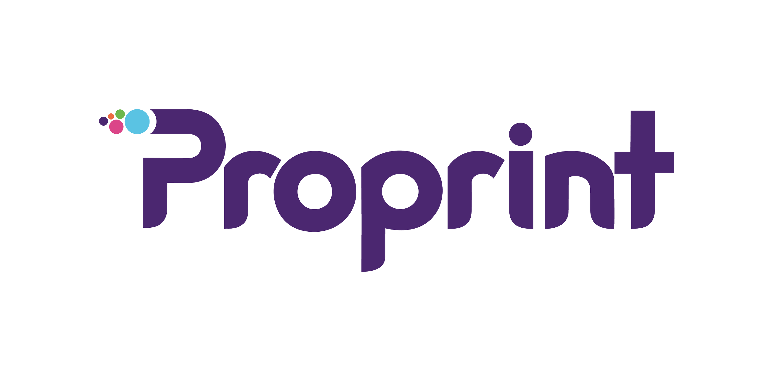 Proprint primary logo featuring a custom purple wordmark with a stylized P and colourful circular elements referencing the printing process.