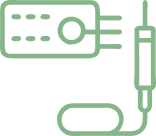 A set of dental tools including a mirror, scaler, and probe.