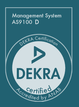 Dekra certification badge for management system AS9100 D, accredited by ANAB.