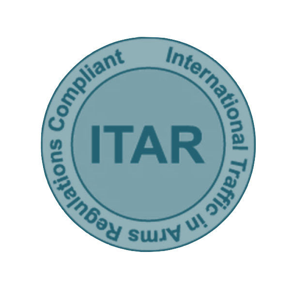 A circular badge with the text 'ITAR' in the center, and the words 'International Traffic in Arms Regulations Compliant' around the border.