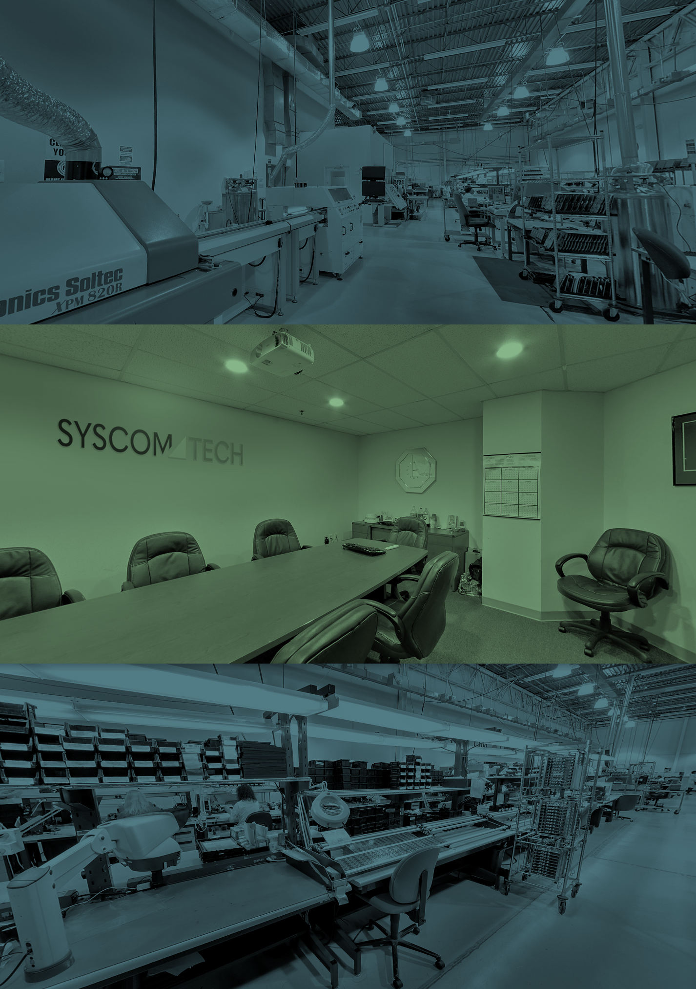 An industrial manufacturing area with assembly lines and equipment, a conference room with chairs and a table, and a workspace with workers and machinery.