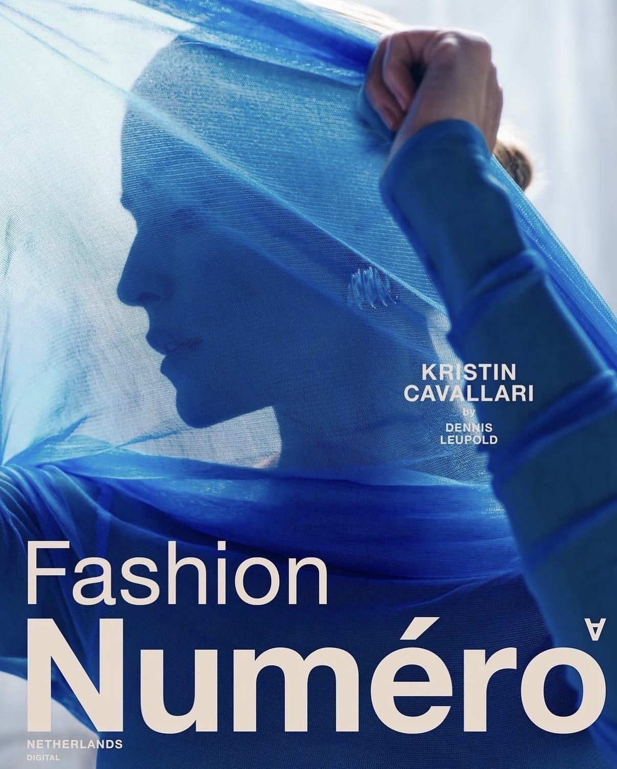 Cover of a book titled 'Fashion Numéro' featuring a blue-tinted silhouette of a woman's face and hand, with the author Kristín Cavallari and photographer Dennis Leupold's names on the right.