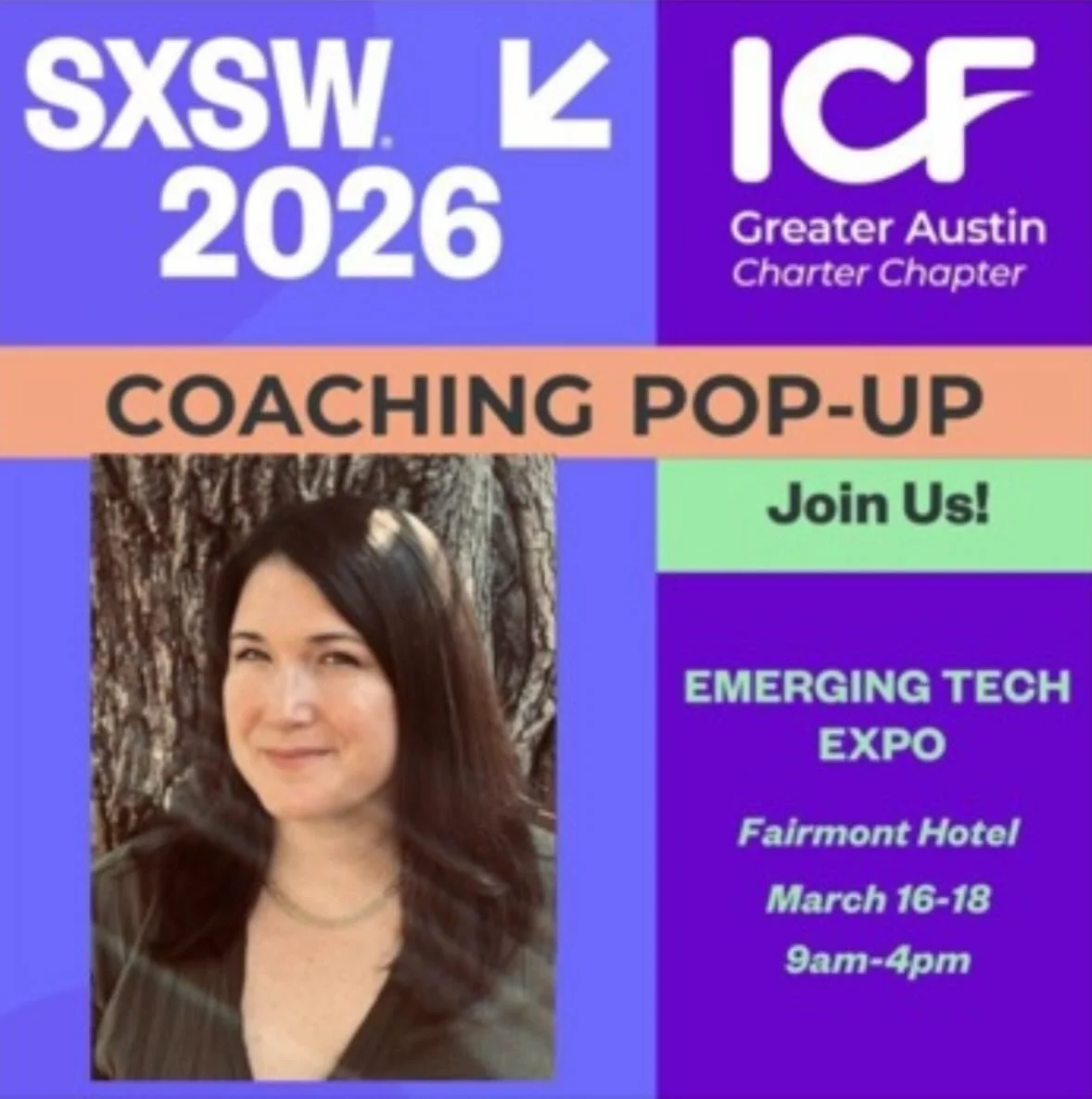 Hi &mdash; Heather here. I&rsquo;ll be at @sxsw this year wearing two hats: volunteer coach and SunRoot co-founder.
March 16&ndash;18, 2026, I&rsquo;m volunteering at the Coaching Pop Up at the SXSW Emerging Tech Expo (Fairmont Hotel). The @icfheadqu
