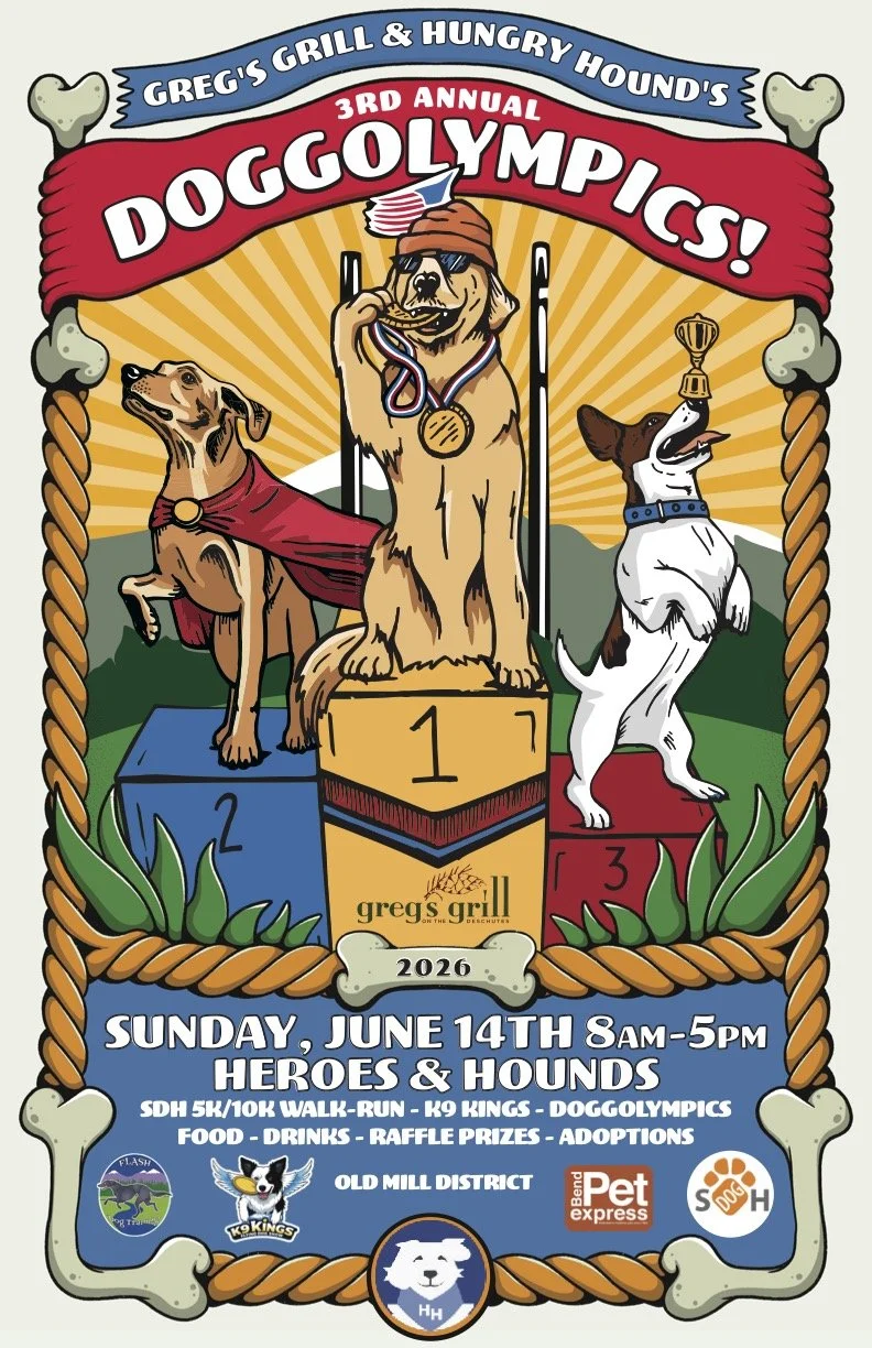 3rd Annual Doggolympics event poster - Greg's Grill and Hungry Hound dog competition in Bend, Oregon