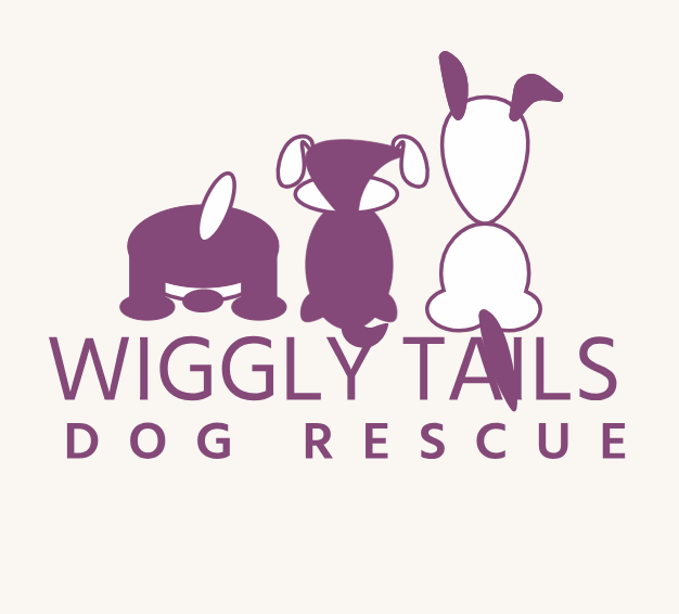 Logo for Wiggly Tails Dog Rescue featuring stylized purple dog illustrations and text.