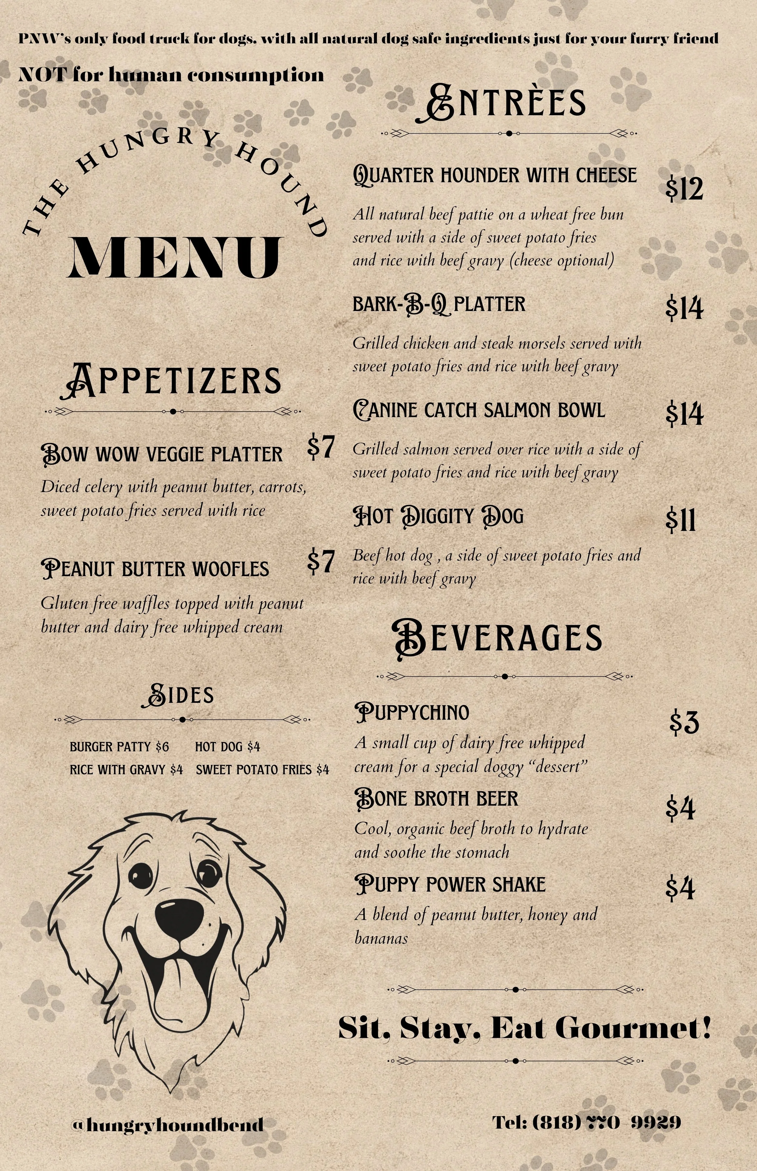 Dog-themed pet food truck menu with titles like Entrees, Appetizers, Sides, Beverages, and various dog-friendly food and drink options.