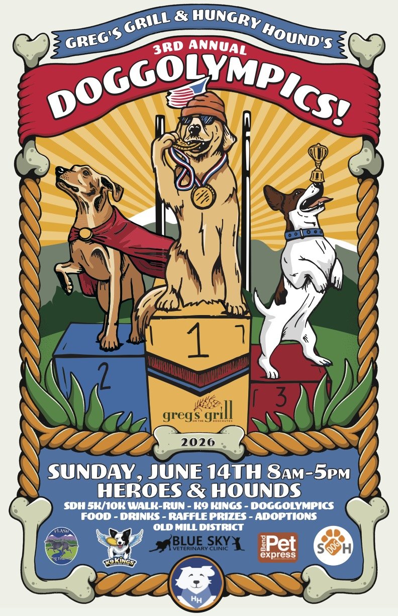 3rd Annual Doggolympics dog sports event poster for Greg's Grill and Hungry Hound in Bend Oregon