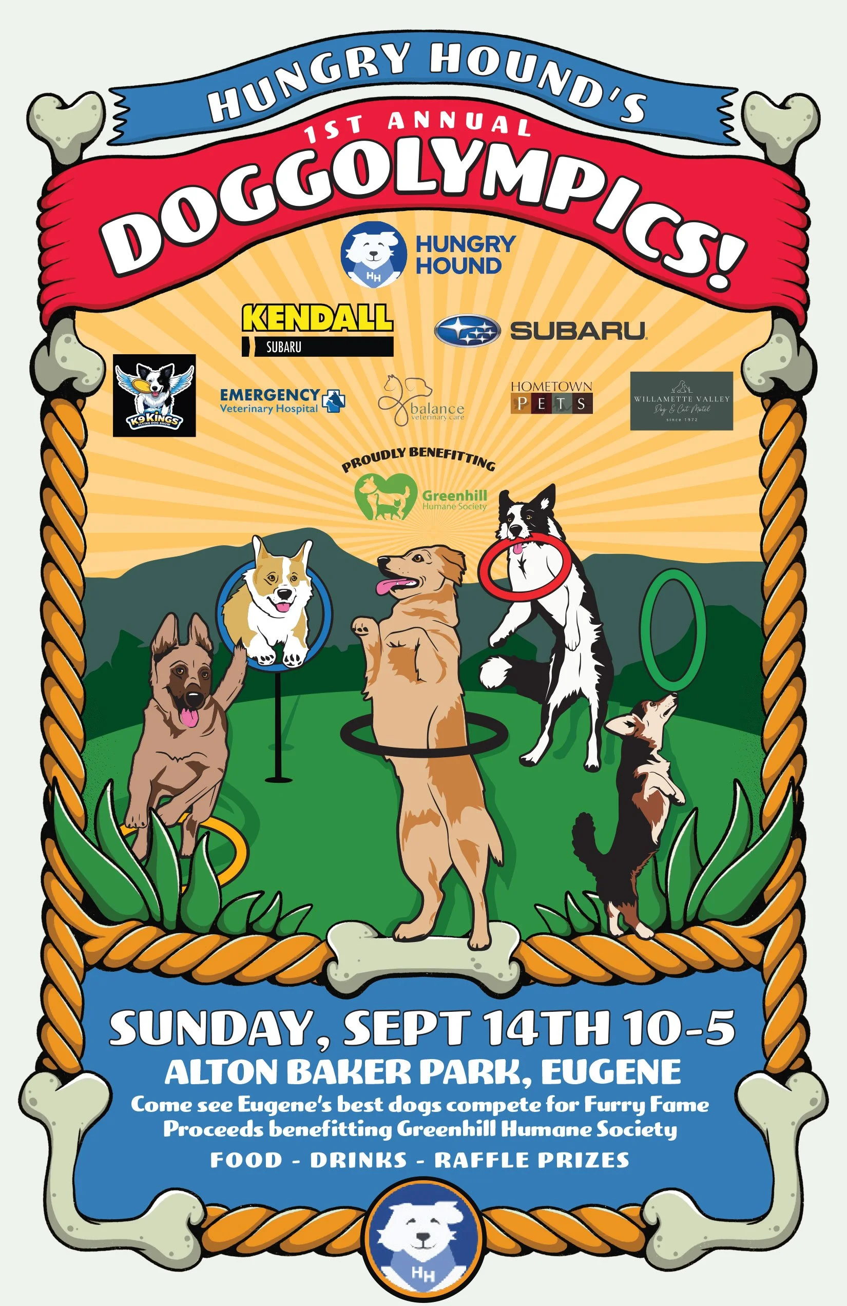 1st Annual Hungry Hound Doggolympics poster - dog competition event in Bend Oregon hosted by Hungry Hound