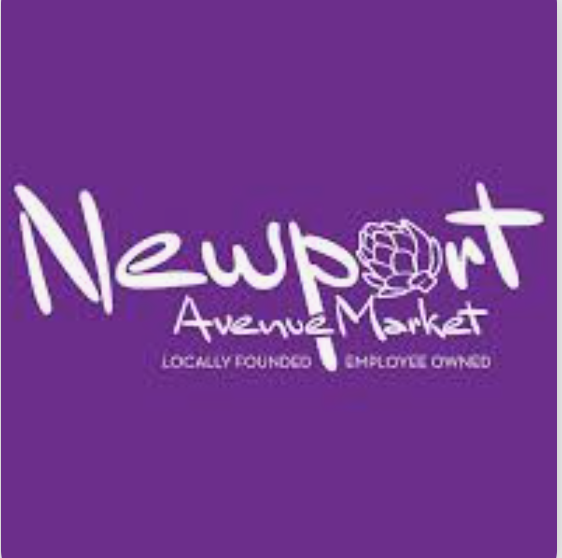 Logo for Newport Avenue Market with purple background, featuring store name and tagline.
