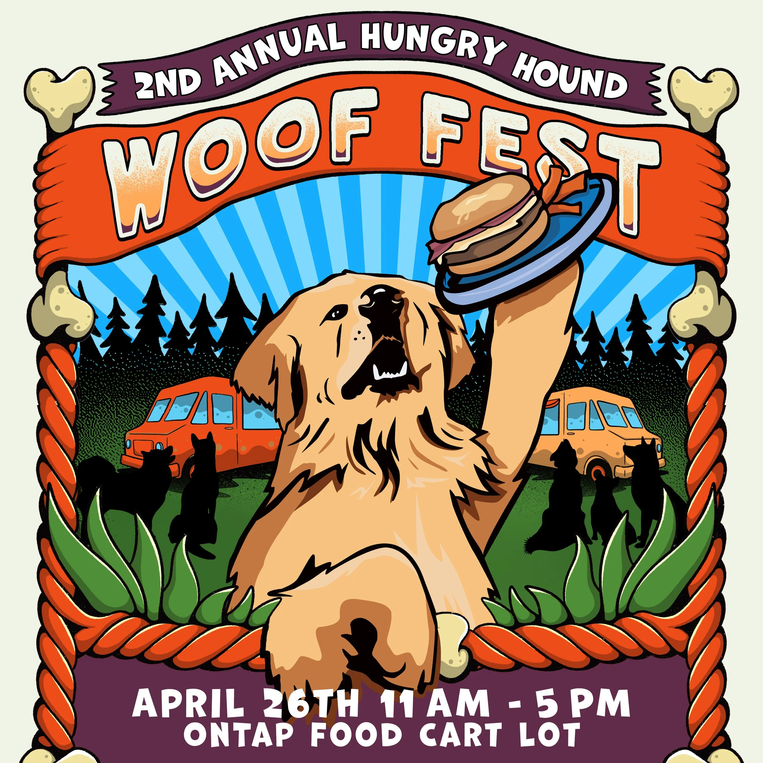 Poster for the 2nd Annual Hungry Hound Woof Fest featuring a cartoon Golden Retriever holding a plate with a hot dog, with trees, two orange vehicles, and black silhouettes of dogs in the background, information about the event date and location.